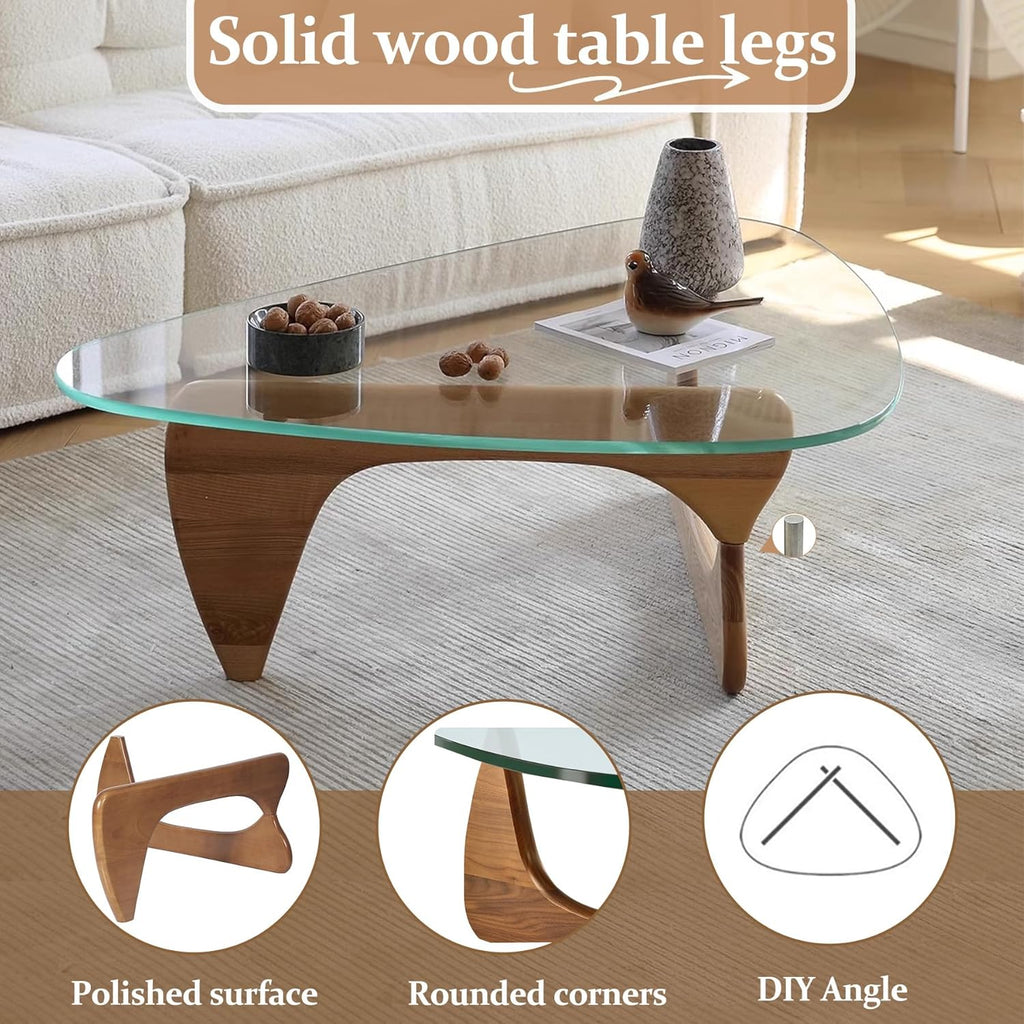 Triangle Coffee Table in Walnut Mid Century Modern Solid Wood Base and Triangle Clear Glass Coffee Table for Living Room Low Minimalist Tea Table Coffee Tables (32.3 * 22.4 * 16, Walnut Teal)