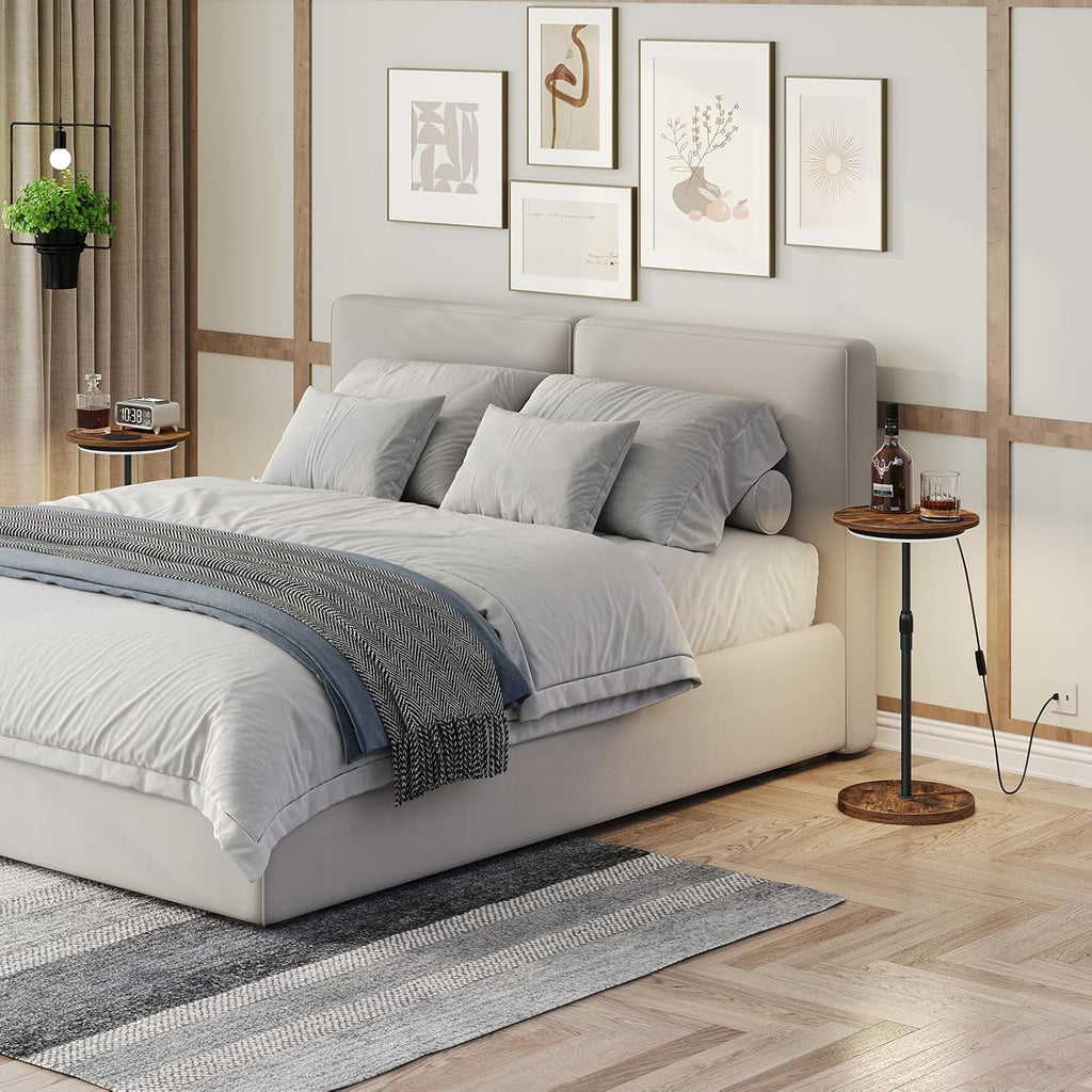 Set of 2 Small Round Side Table, Adjustable Height Drink Table, Pedestal Side Table with LED Light and Cup Mat, Coffee Martini Table, for Small Spaces, Rustic Brown and Black ETHR32E01S2