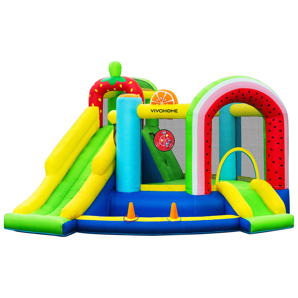 VIVOHOME 7 in 1 Bounce House for Kids, Fruit Theme Inflatable Bouncy Castle with Slide, 12x12 FT Inflated Bouncer for Outdoor with Blower, Basketball, Climb, Jump Area, Ball, Water Pool, Hoop