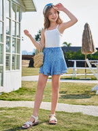 Pige blomstrede nederdele Børnemode elastisk høj talje flæse flydende shorts med snøre 5-14 år blå