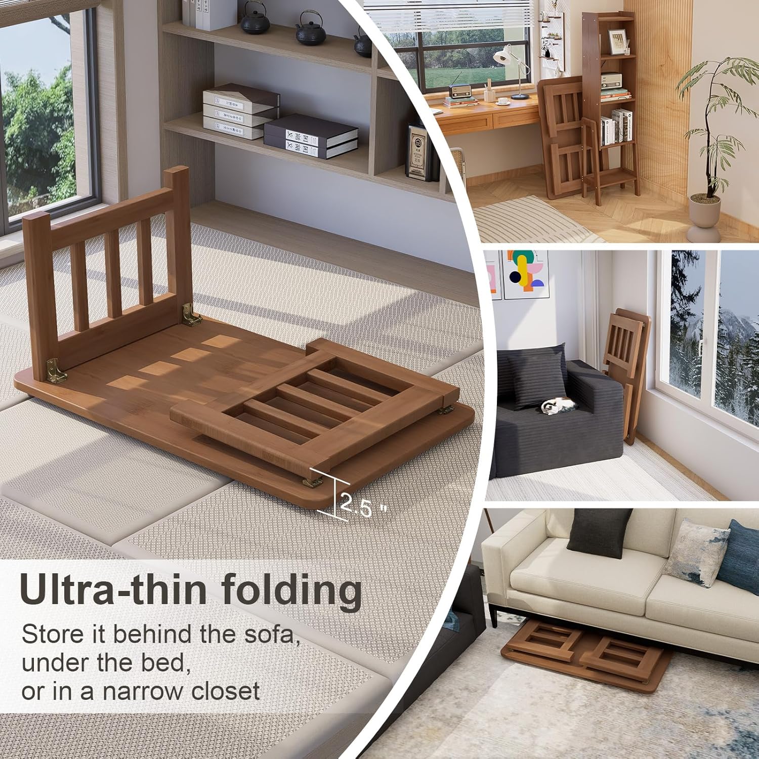 31.5" Folding Coffee Table for Small Spaces, Foldable Japanese Table, Low Table for Tatami - No Assembly, Natural Bamboo Wood Material, for Farmhouse, Living Room, Bedroom (Walnut)