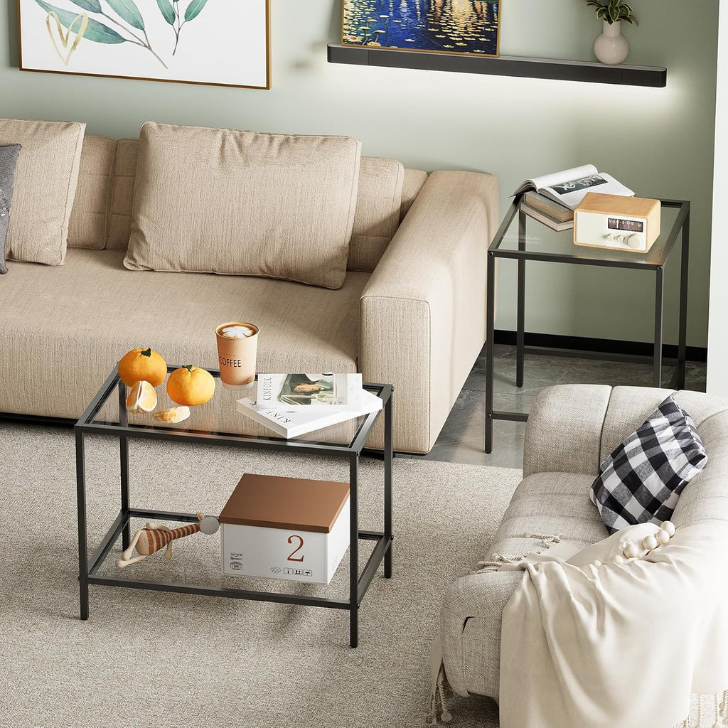 Nesting Coffee Table Set of 2,Glass Coffee Table Modern Center Living Room Table,Minimalist Nesting Table Set of 2 for Living Room,Tempered Glass-top with Sturdy Metal Frame, Easy Assembly,Black