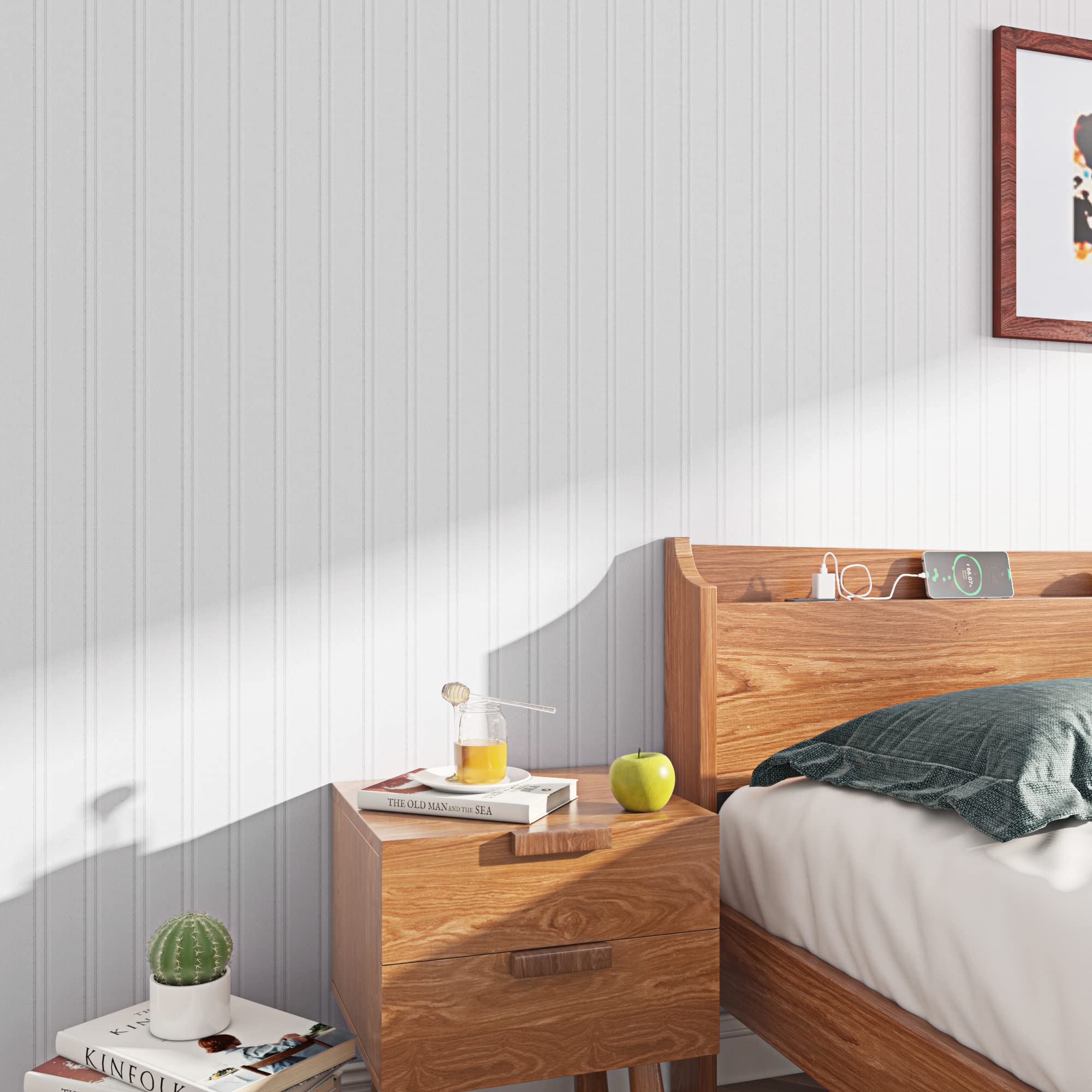 ReWallpaper 17.5in x 23ft Removable Vinyl Faux Beadboard Peel and Stick Prepaste Wallpaper Liner Self Adhesive Contact Paper Faux Wainscoting Panels Peel and Stick Wallpaper for Bathroom Kitchen Walls