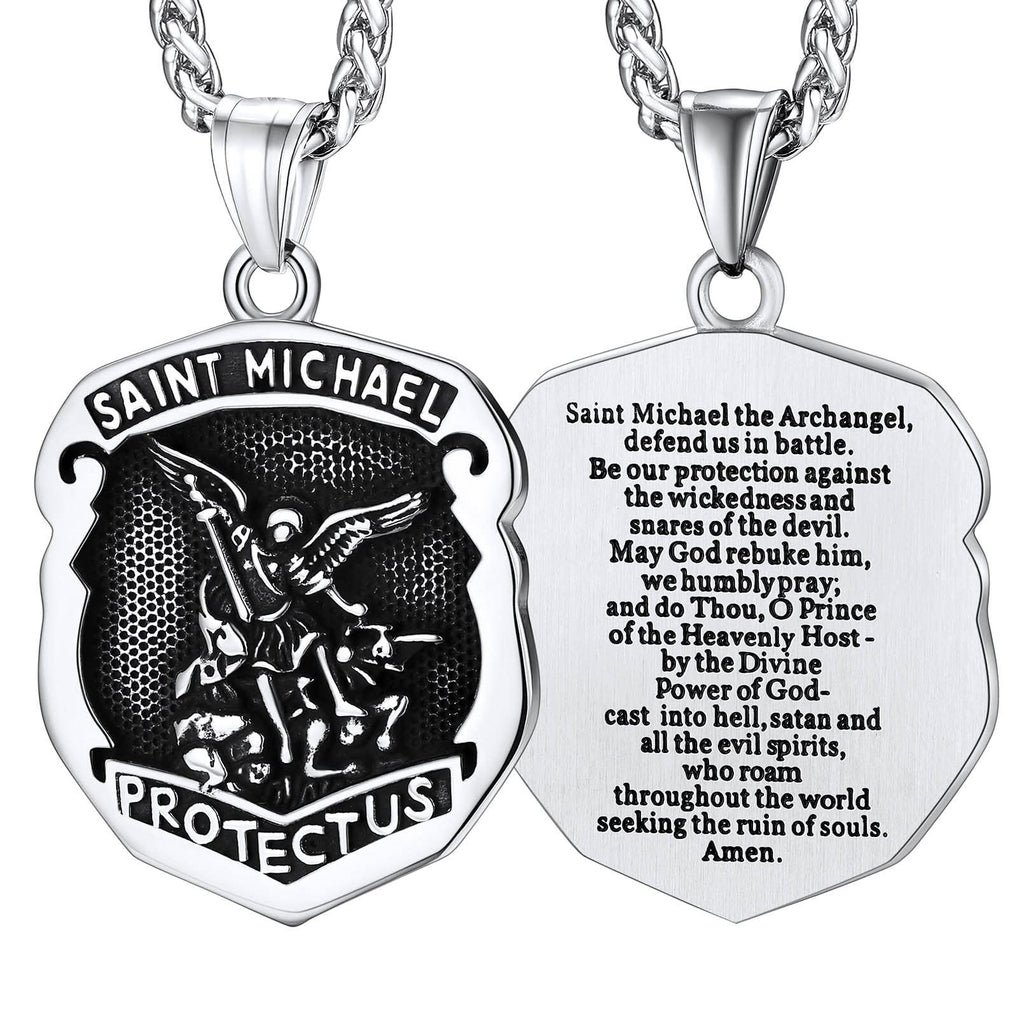 FaithHeart Saint Michael Necklace, Stainless Steel/18K Gold Plated St Michael the Archangel Pendant Amulet for Men Women with Gift Packaging