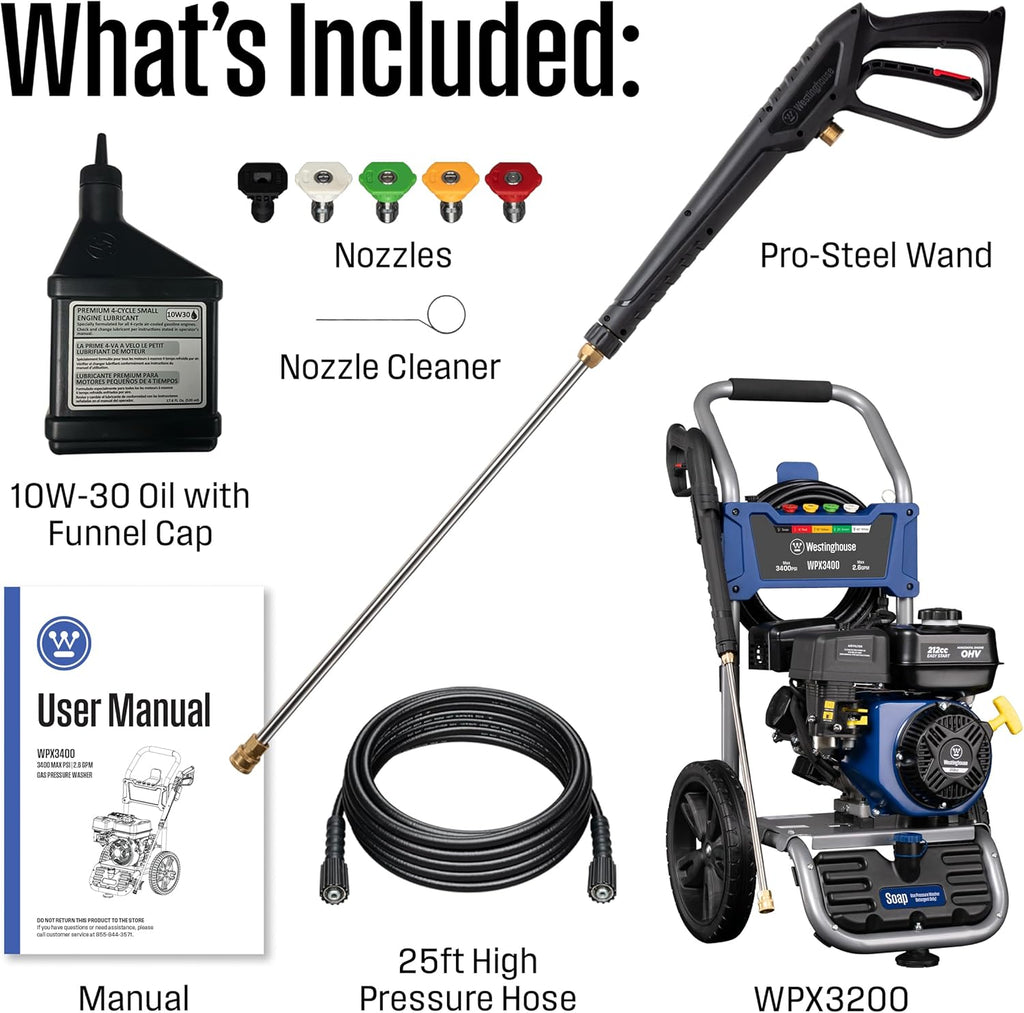 Westinghouse WPX3400 Gas Pressure Washer, 3400 PSI and 2.6 Max GPM, Onboard Soap Tank, Spray Gun and Wand, 5 Nozzle Set, for Cars/Fences/Driveways/Homes/Patios/Furniture