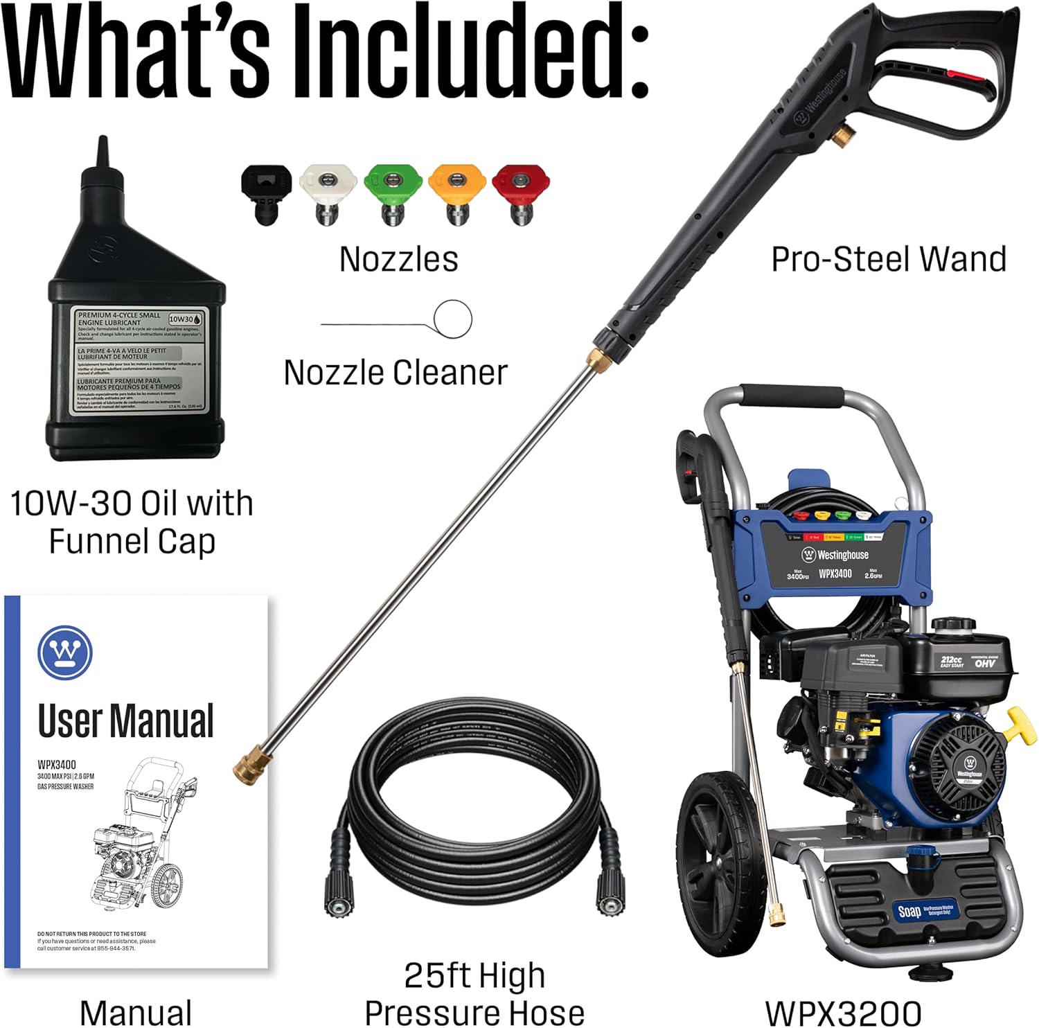 Westinghouse WPX3400 Gas Pressure Washer, 3400 PSI and 2.6 Max GPM, Onboard Soap Tank, Spray Gun and Wand, 5 Nozzle Set, for Cars/Fences/Driveways/Homes/Patios/Furniture
