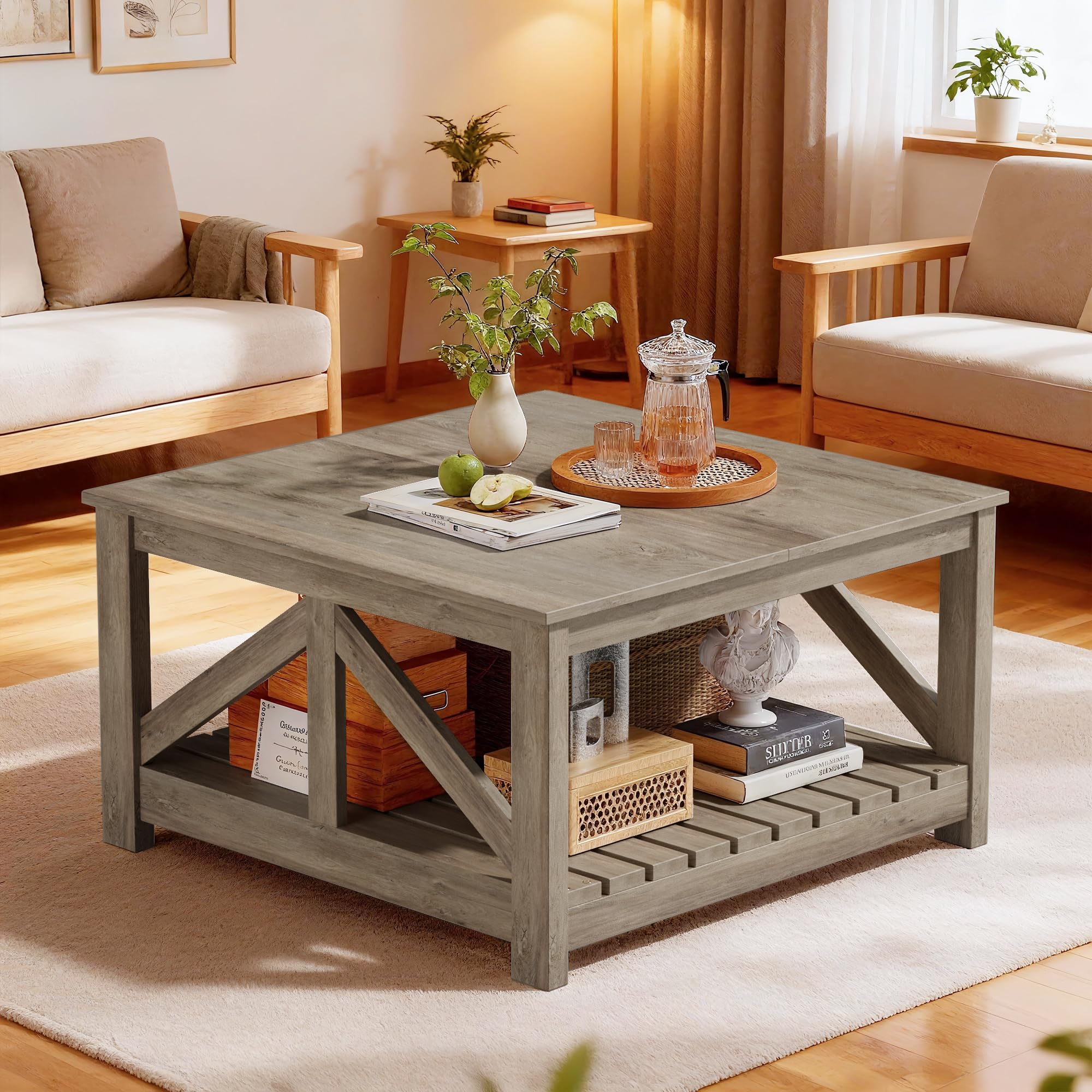 JUMMICO Square Coffee Table with Dual Storage Compartments, Modern Wood Cocktail Table for Living Room, Farmhouse Lounge & Office Reception (Gray & White)