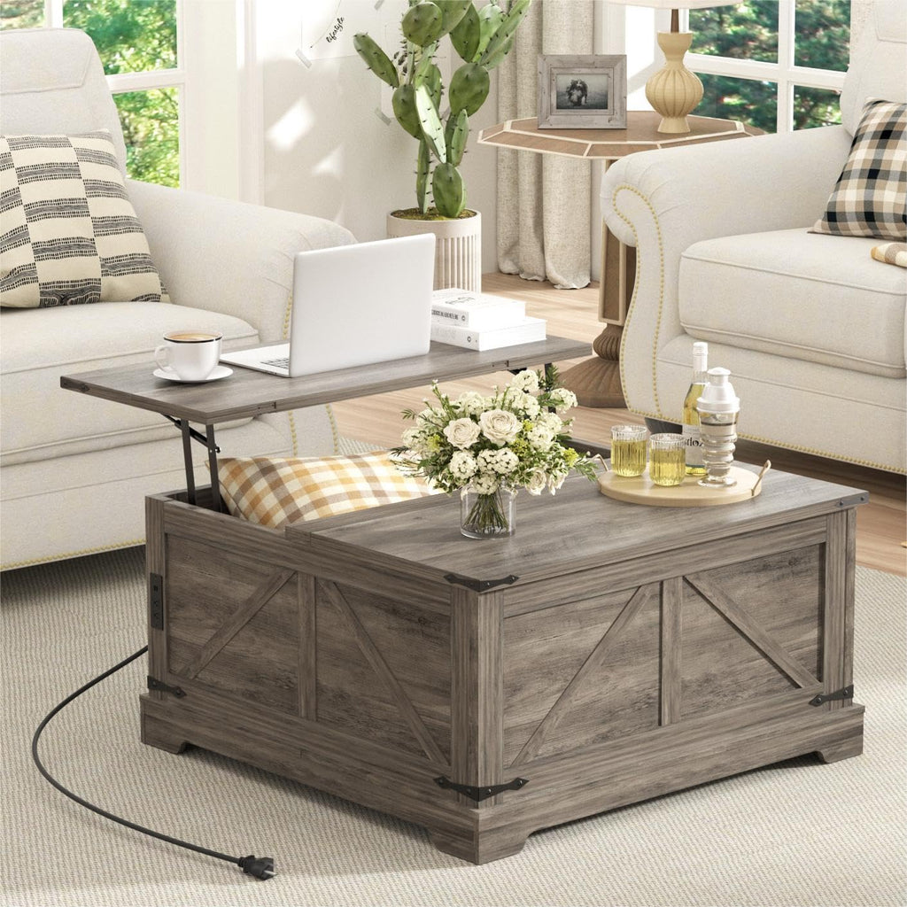Coffee Table with Storage, 31.5" W Farmhouse Lift Top Wood Square Center Table with Charging Station, Rustic Cocktail Tables with Flip Top Lids for Living Room, Home Office, Rustic White