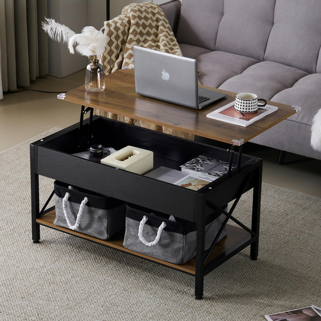 VINGLI 36" Lift Top Coffee Table with Free Cloth Storage Bins, White Walnut Framhouse Coffee Tables for Living Room, Small Modern Coffee Table for Small Space in Minimalistic Style, Dark Walnut