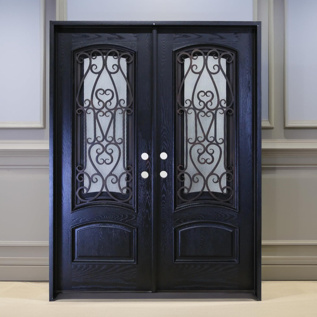 72" x 80" Environment Damage Resistant Polyurethane Composite Exterior Entry House Front Door, Wrought Iron Door w/Openable Tempered Rain Glass Window, Right-Hand Double Espresso