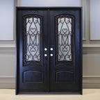 72" x 80" Environment Damage Resistant Polyurethane Composite Exterior Entry House Front Door, Wrought Iron Door w/Openable Tempered Rain Glass Window, Right-Hand Double Espresso