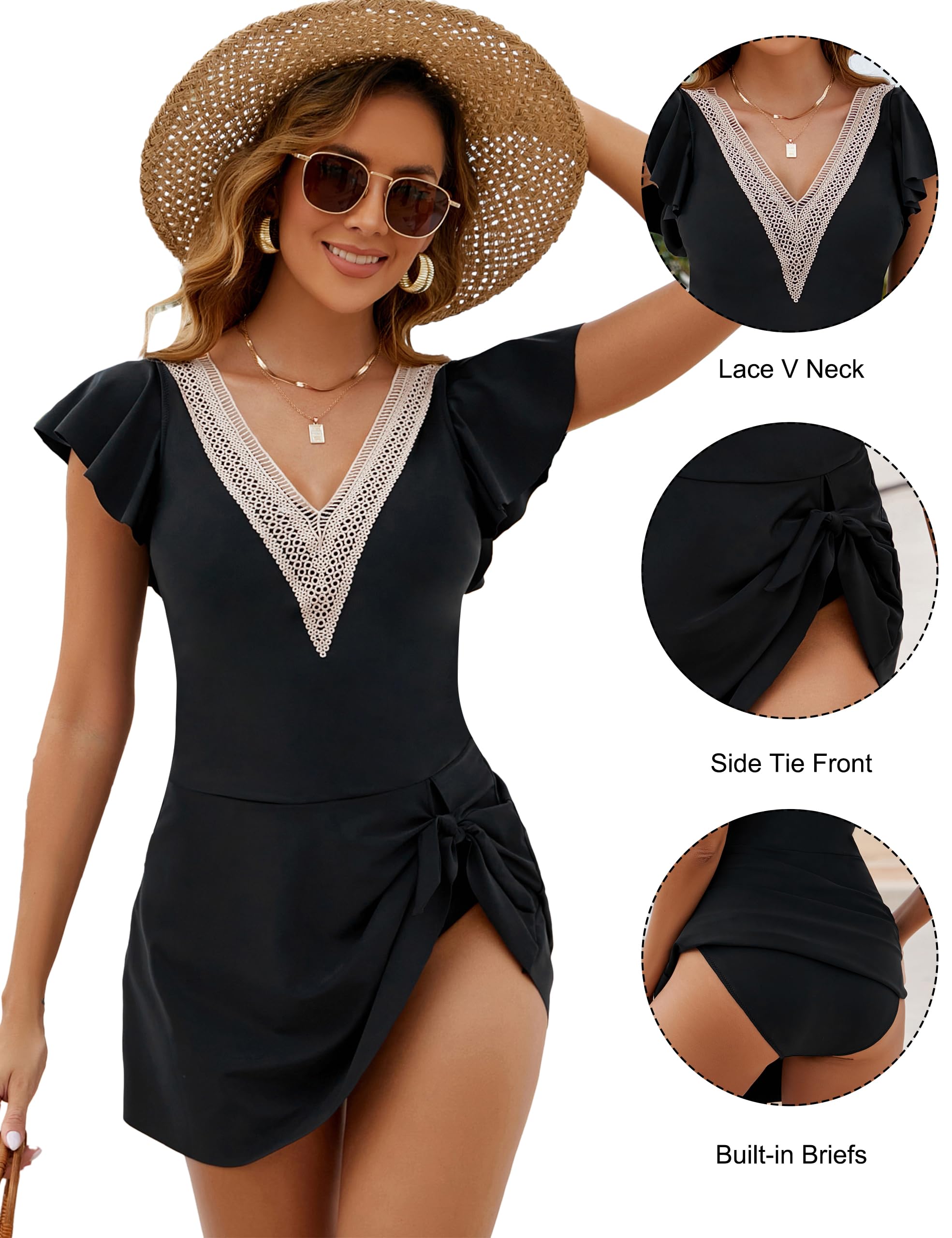 Blooming Jelly Women's Tummy Control Swimsuits One Piece Black Swimdress Lace V Neck Full Coverage Bathing Suits（Black,Large