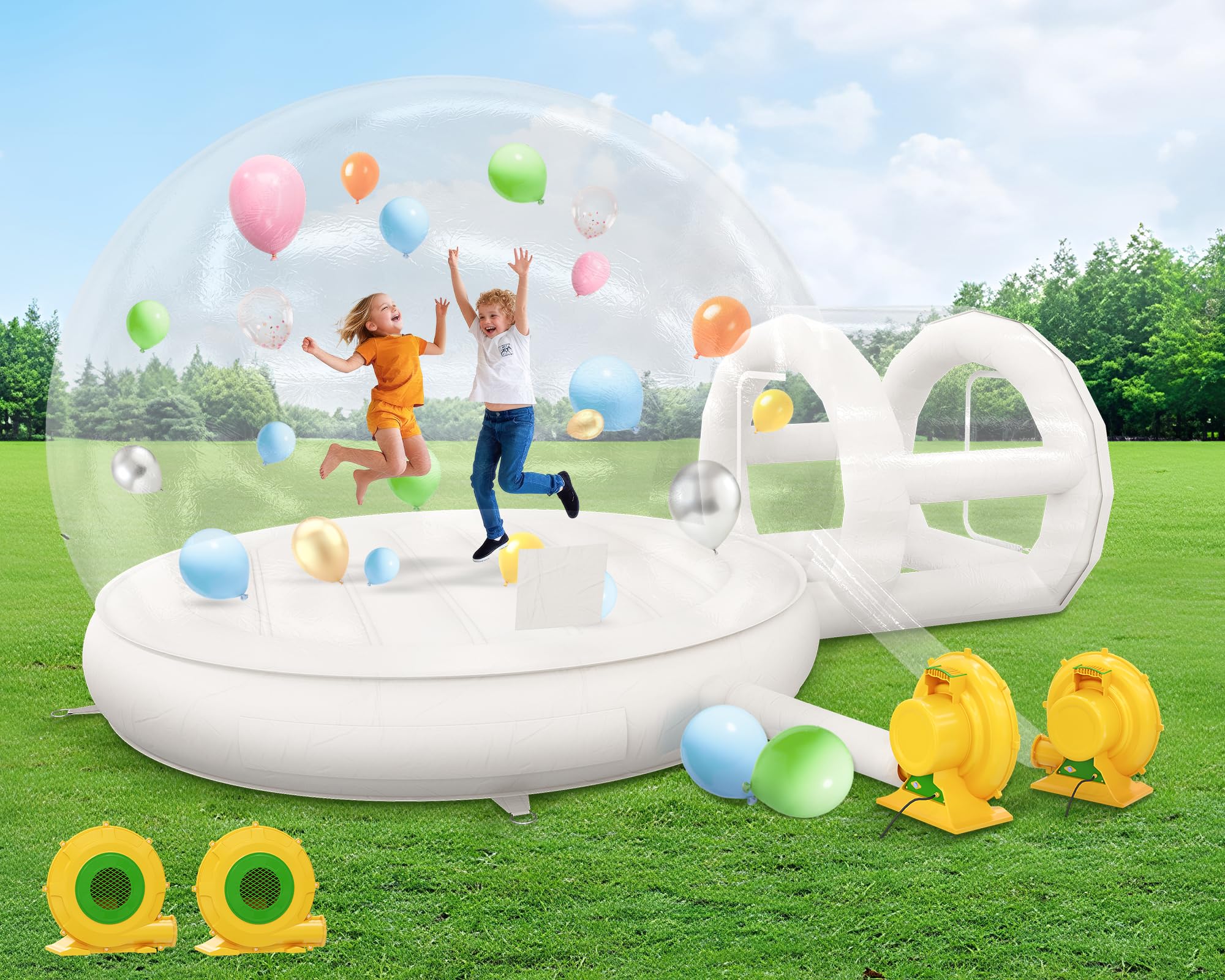 Jocisland 13FT Bubble-Haus mit Tunnel und Ballons, PVC-Hüpfblasenhaus mit 750W und 550W Gebläsen für Party, gewerblichen Gebrauch, Hochzeit