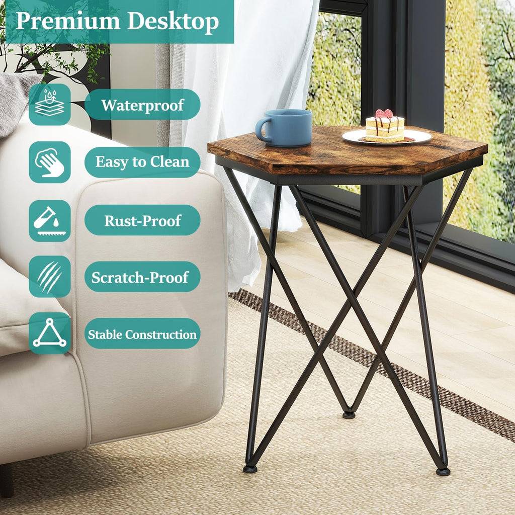 IBUYKE Side Table, Industrial Small End Table with Gold Metal Legs, Sofa Tables for Small Space, Coffee Accent Tables for Living Room, Bedroom, Office, Rustic Brown UTMJ064H