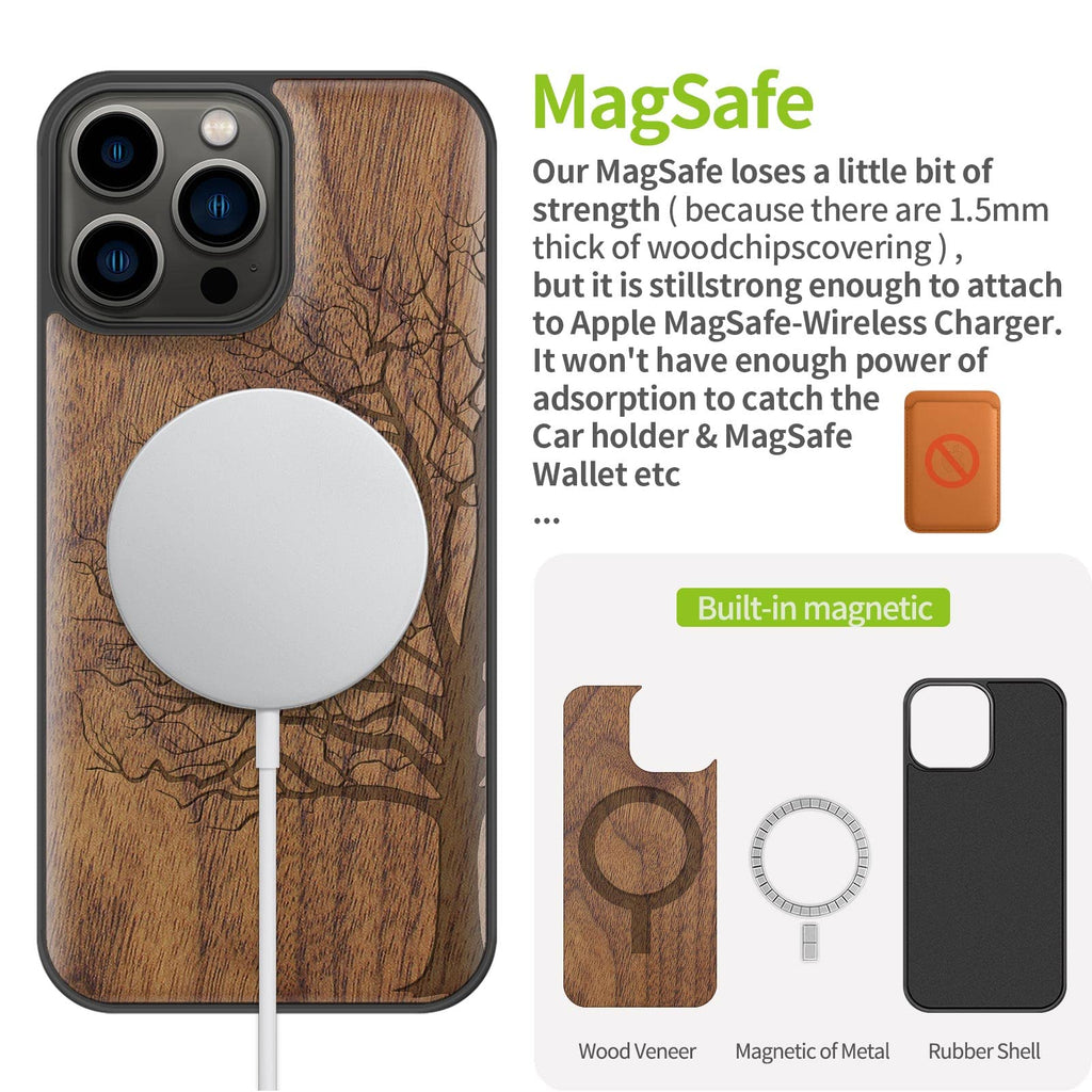Carveit Magnetic Wood Case for iPhone 13 Pro Max [Hard Real Wood & Soft TPU] Shockproof Hybrid Protective Cover Unique & Classy Wooden Case Compatible with MagSafe (Eternal Tree Carving-Walnut)