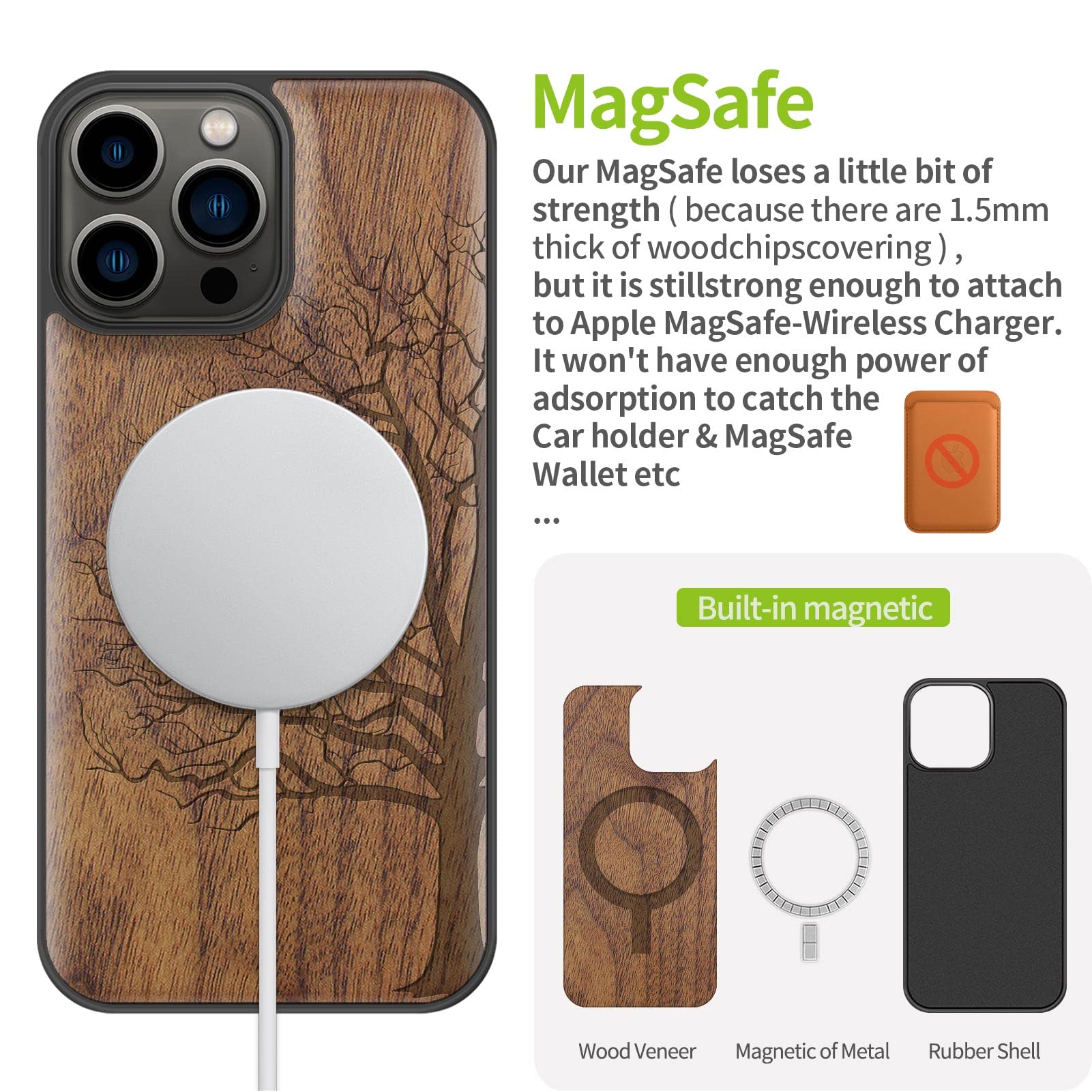 Carveit Magnetic Wood Case for iPhone 13 Pro Max [Hard Real Wood & Soft TPU] Shockproof Hybrid Protective Cover Unique & Classy Wooden Case Compatible with MagSafe (Eternal Tree Carving-Walnut)