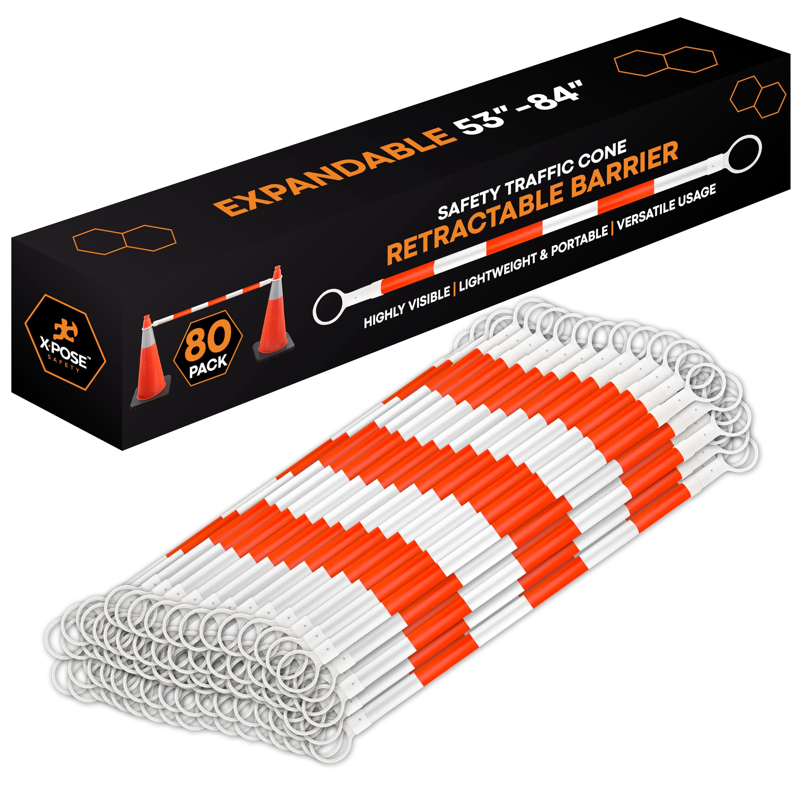 Retractable Barrier for Safety Traffic Cones - 2" OD - Large Yellow and Black Bar Barricade - for Road Construction, Parking, Warning, Temporary Security Divider (40, Orange & White, 72" x 120")