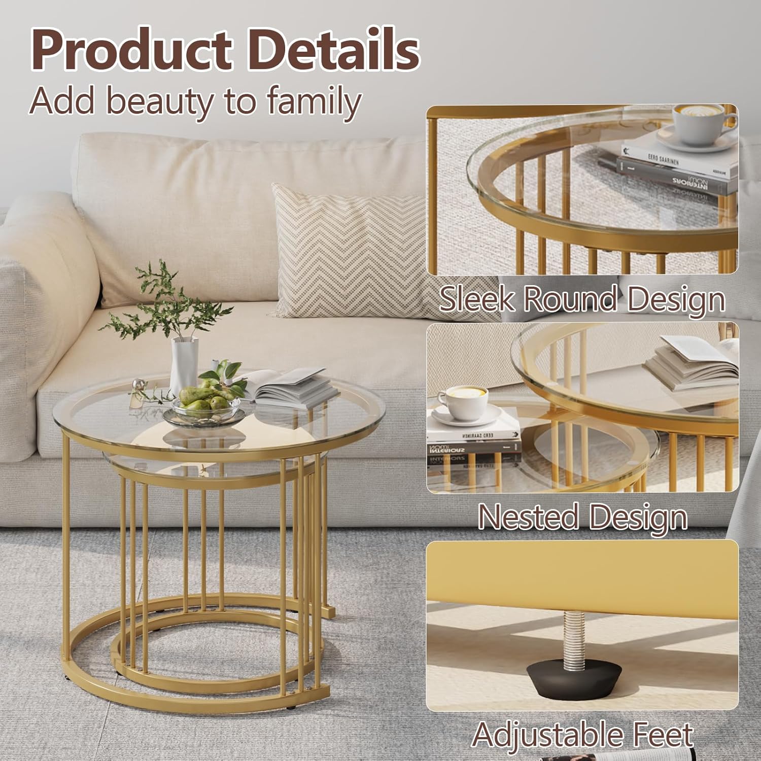 Garden 4 you Nesting Coffee Table, 23.6" Round Coffee Table Set of 2, Glass Nesting Table with Metal Frame, Ceter Tables for Living Room Bedroom Balcony, Gold