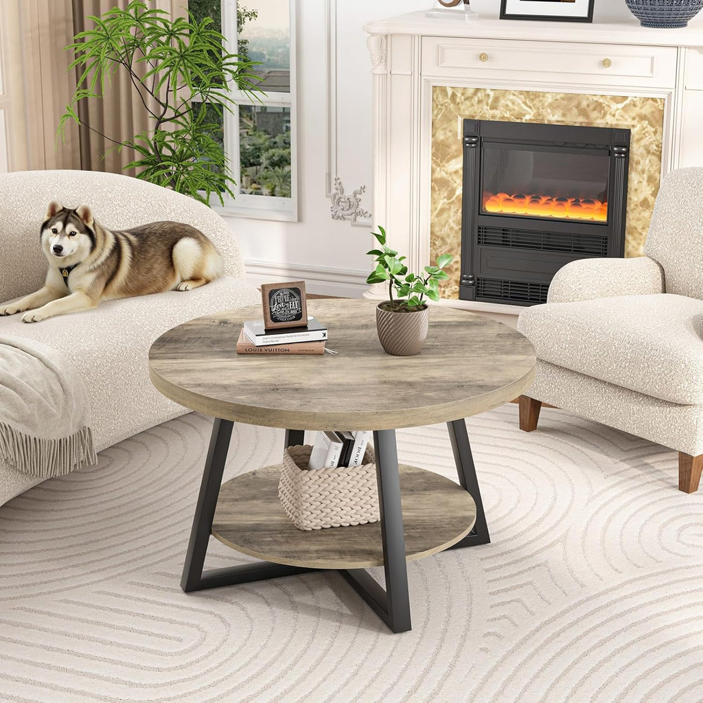 GreenForest Round Coffee Table with Storage, 30 inch Circle Center Tables for Living Room, Modern Sofa Table for Small Spaces, Home Office, Easy Assembly, Grey Wash