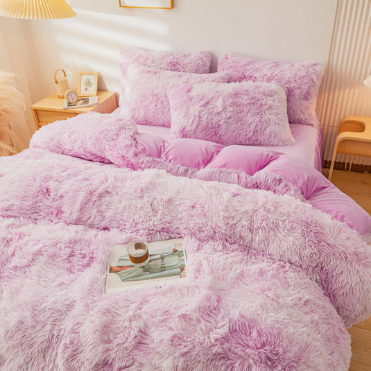 Fluffy Pink Faux Fur Comforter Cover Set，Fluffy Fuzzy Plush Pink Bedding 3Pcs (1 Faux Fur Duvet Cover +2 Fuzzy Pillowcases) Pink Fluffy Bed Set (Pink, Queen)