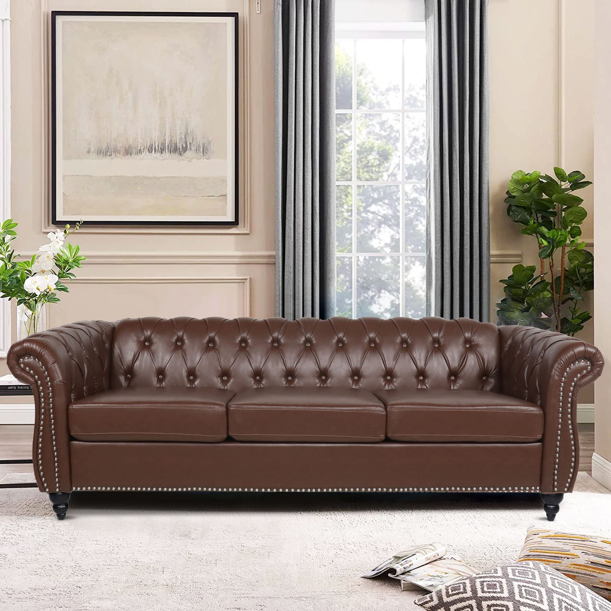 LEVNARY Chesterfield Sofa, Classic Tufted Upholstered Leather Couch, Modern 3 Seater Couch Furniture with Tufted Back for Living Room Office (Black)