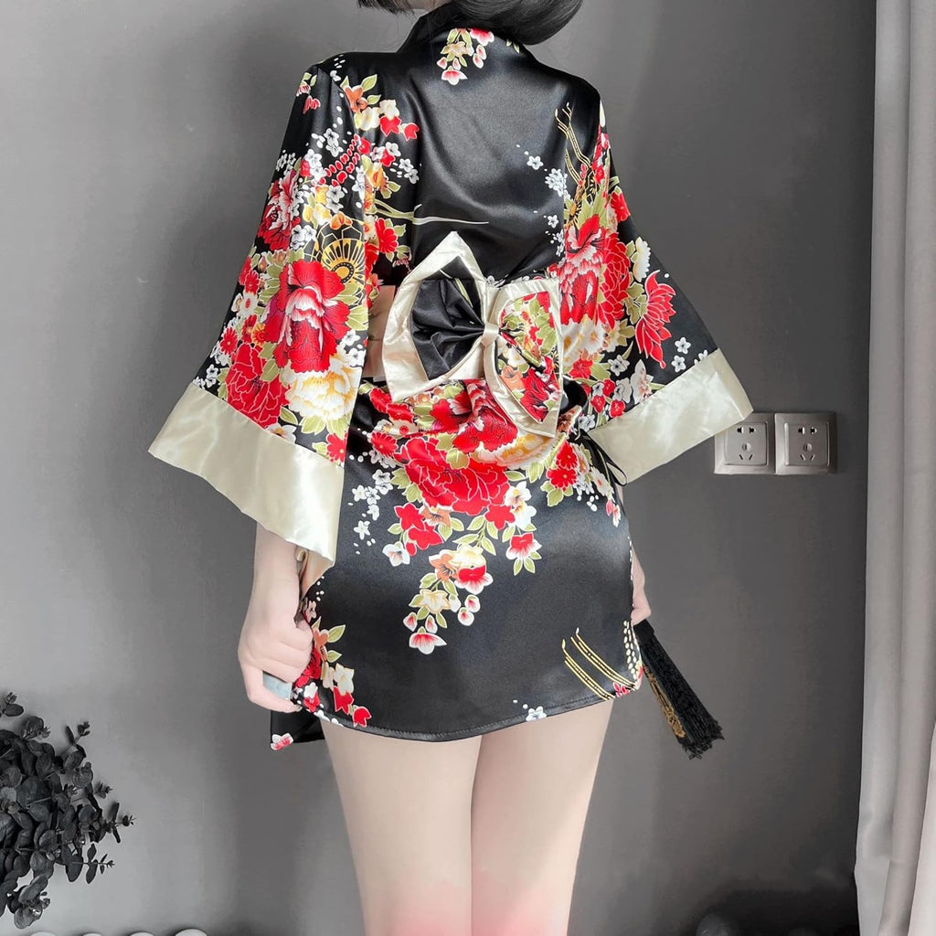 SIQITECHNO Womens Floral Kimono Bathrobe Mini Dress Nightgown Nightwear Japanese Short Yukata Sleepwear Outfit Belt Lingerie