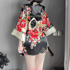 SIQITECHNO Womens Floral Kimono Bathrobe Mini Dress Nightgown Nightwear Japanese Short Yukata Sleepwear Outfit Belt Lingerie