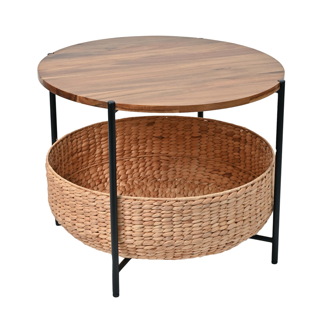 happimess SAT2000B Carly 24.21" Modern Coastal Round Acacia Wood/Water Hyacinth Coffee Table with Storage Basket, Table for Living Room and Bedroom, Black