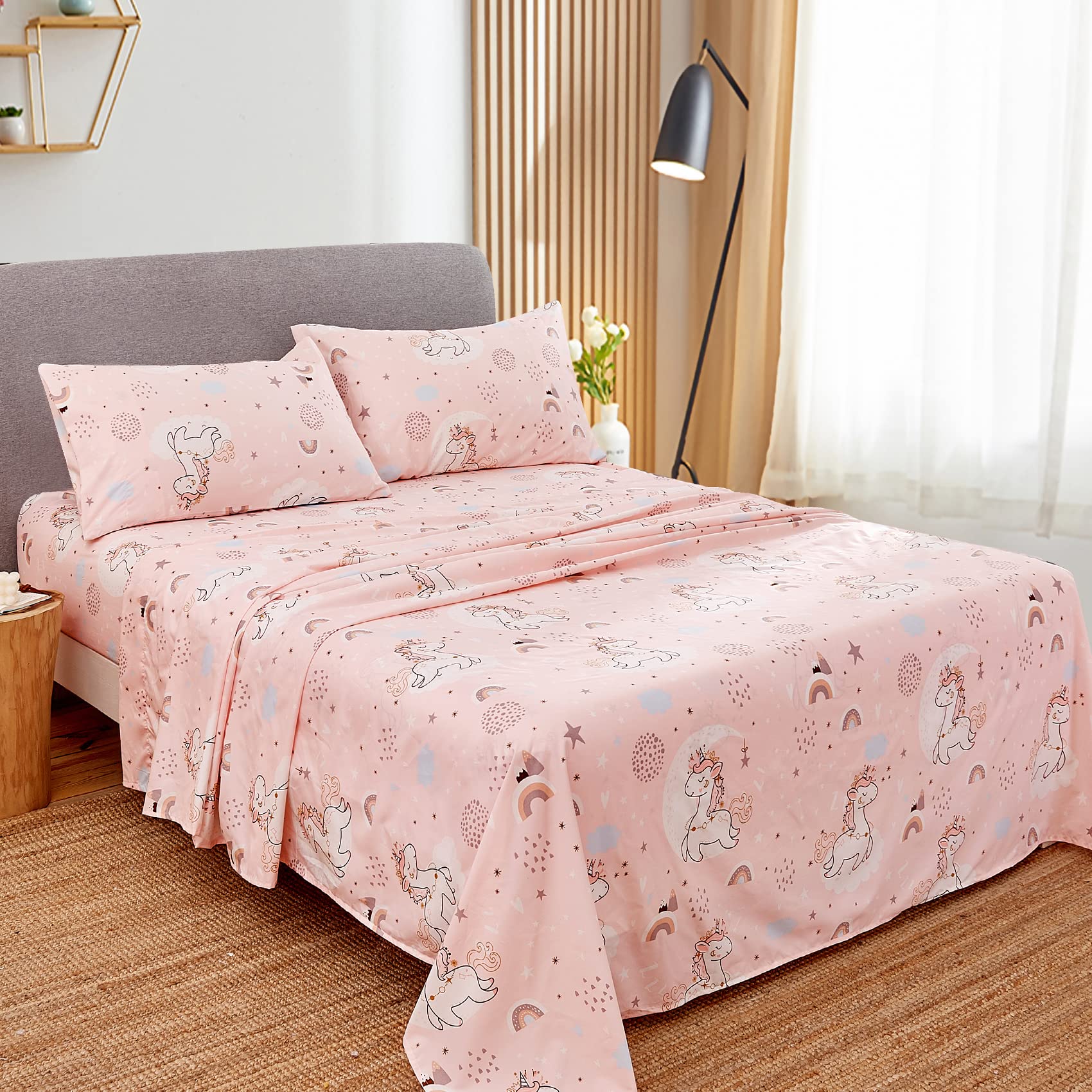ست ملحفه کودکان یونیکورن صورتی JSD، سایز تویین، ۳ تکه، ملحفه‌های رختخواب میکروفایبر چاپ شده با طرح رنگین کمان برای دختران، جیب عمیق