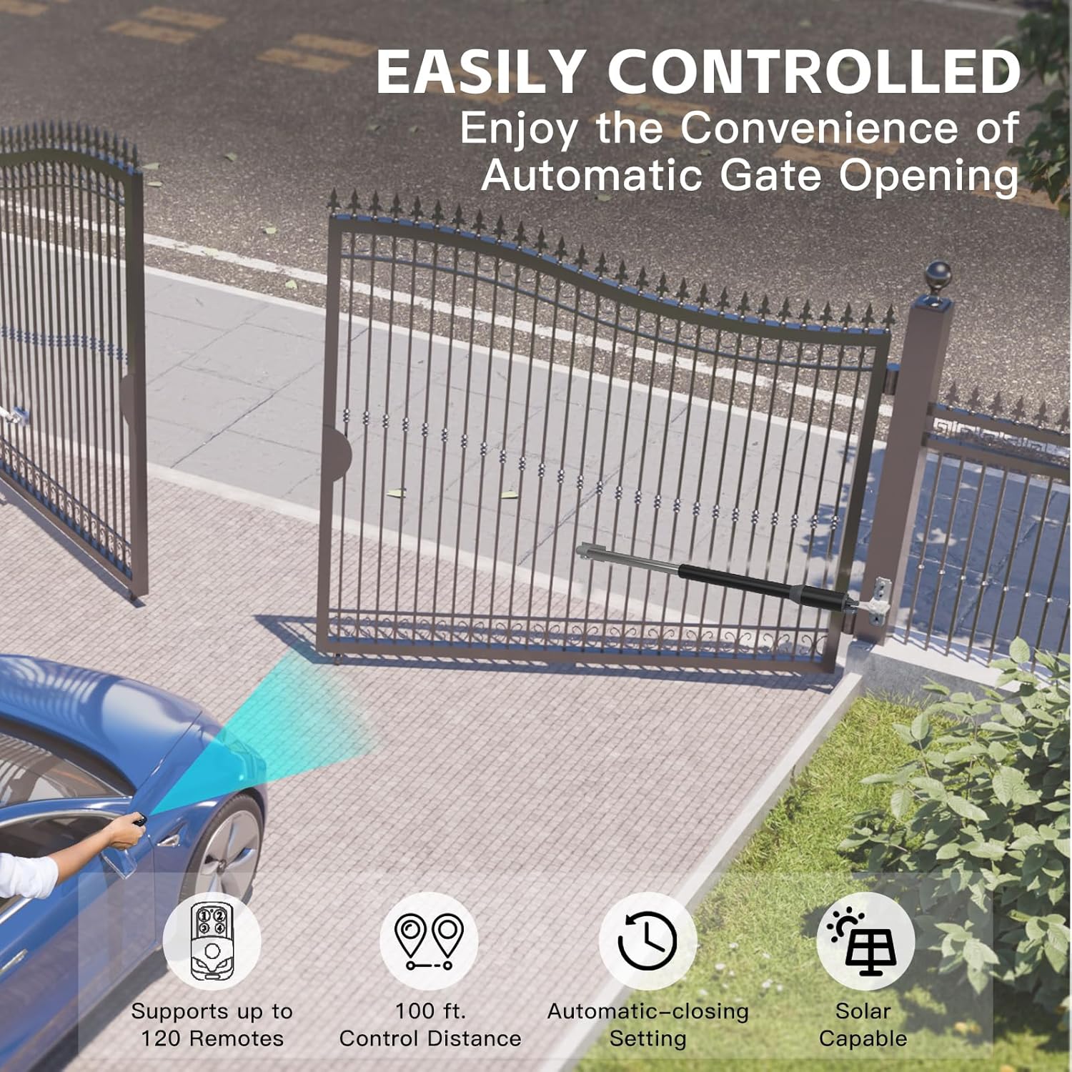 X X-HOUSE C01-L Automatic Gate Opener with Solar Panel & Batteries for Light Duty Dual Swing Gates Up to 330lb 8ft per Arm 12V 40W Electric Gate Opener with 2 Remotes Complete Kit Solar Powered