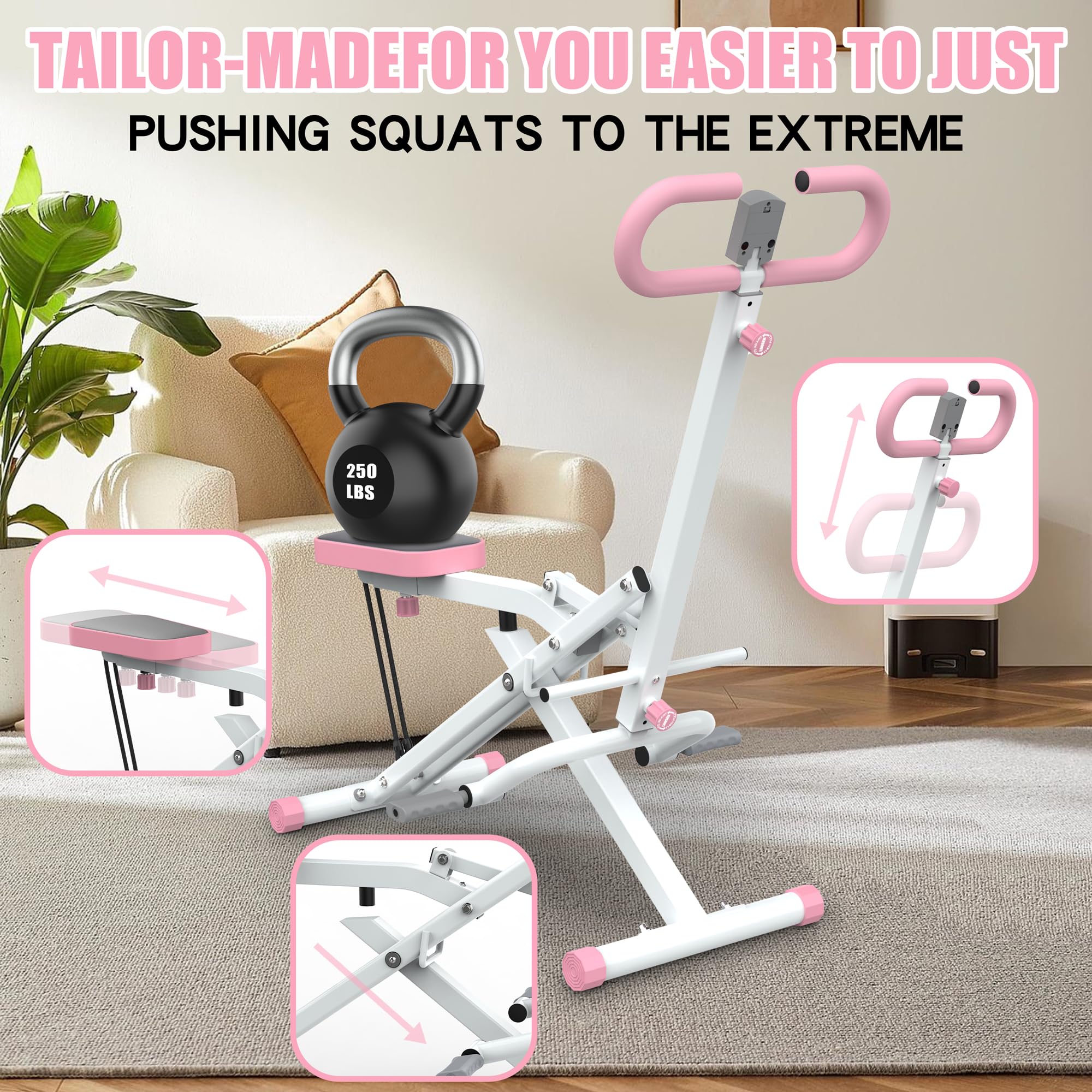 Machine à squat pour la maison, entraîneur d'assistance au squat Row-N-Ride pour fessiers, abdos, dos, jambes, machine d'entraînement à domicile avec résistance réglable pour exercice de fitness complet (rose)