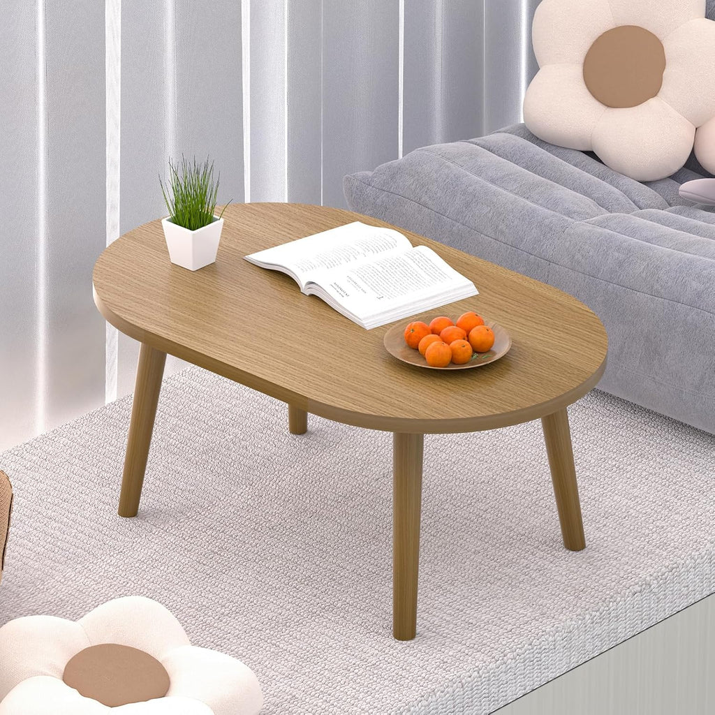 Small Coffee Table for Small Space, Low Table, Floor Table Desk for Sitting on The Floor, Japanese Coffee Table for Living Room, Tatami Tea Tables with Solid Wood Legs, Oval Coffee Tables, Brown