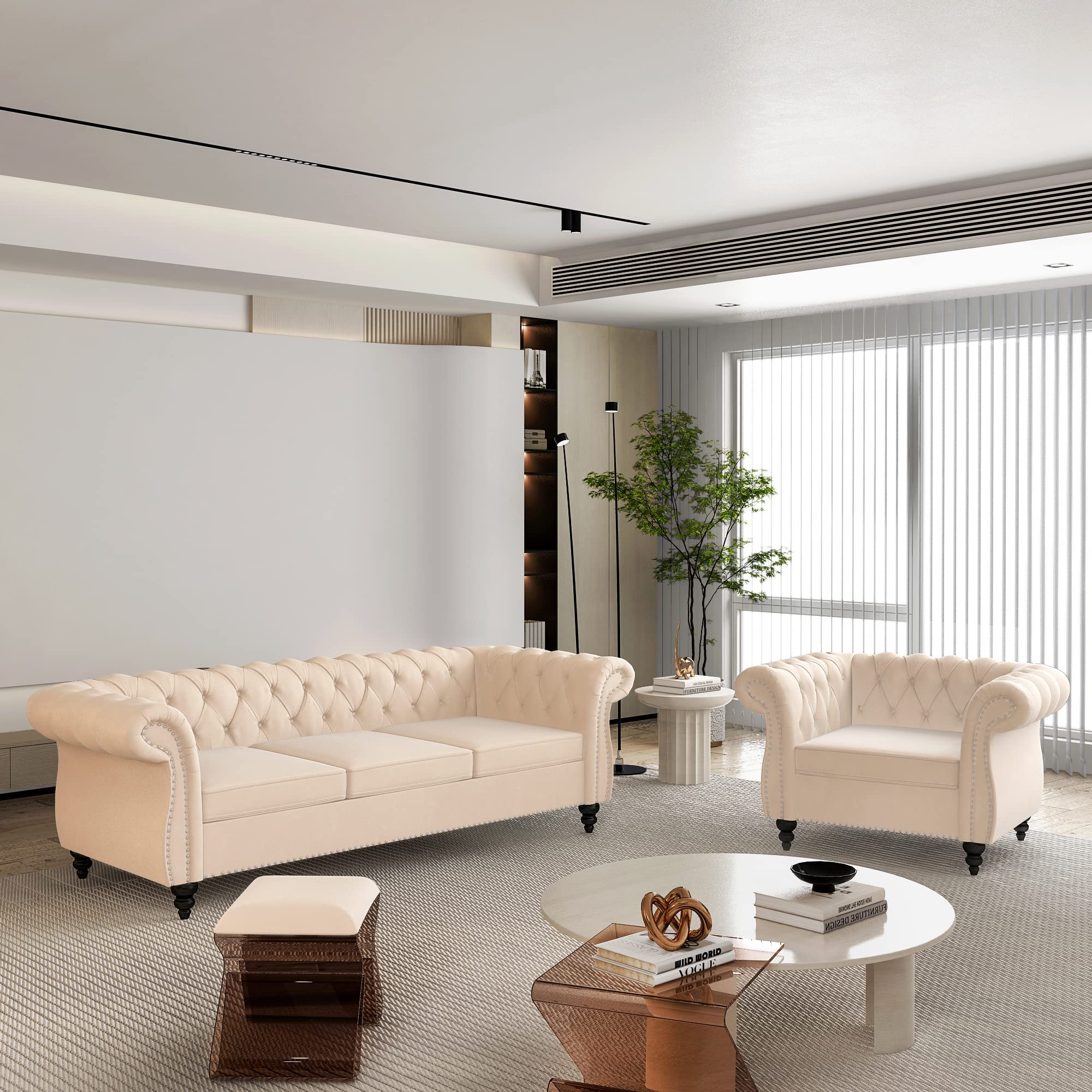 2 Piece Living Room Set, Chesterfield Leather Sofa Couch Chair with Scroll Arms and Nailhead for Living Room, Office (Dark Brown)