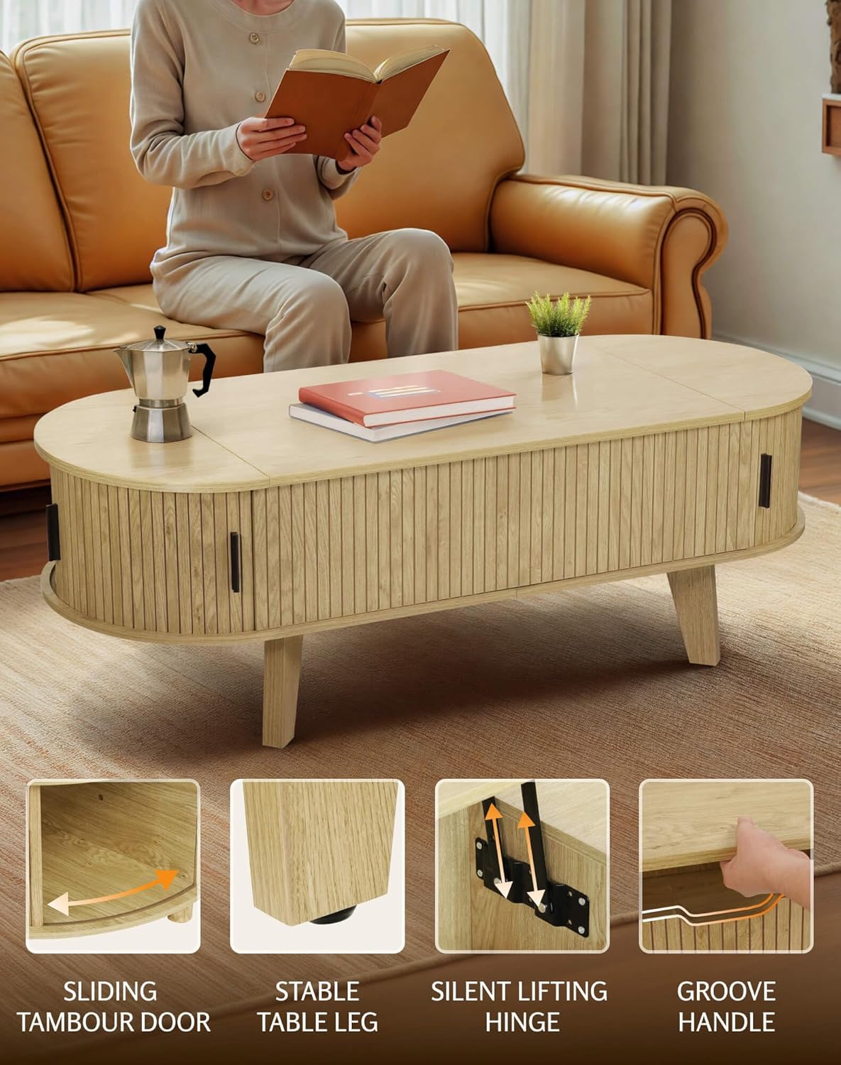Oval Coffee Table with Storage, 47.2" Lift Top Coffee Table for Living Room, Modern Wood Fluted Center Table with 180° Sliding Tambour Door, Natural