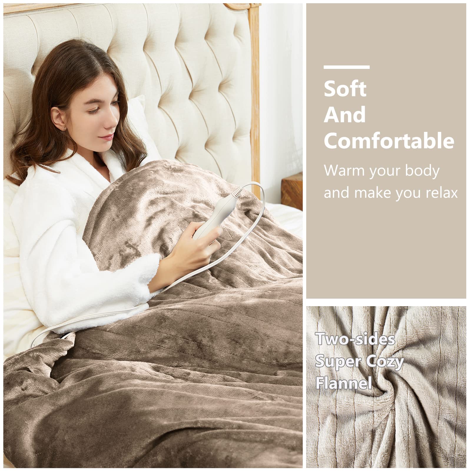 Manta Elétrica Tefici, Super Aconchegante e Macia, Flanela de 2 Camadas 50" x 60", Manta Aquecida com 3 Níveis de Aquecimento e Desligamento Automático em 4 Horas, Lavável na Máquina, Certificada ETL e FCC, Uso Residencial e Escritório, Cor Camelo