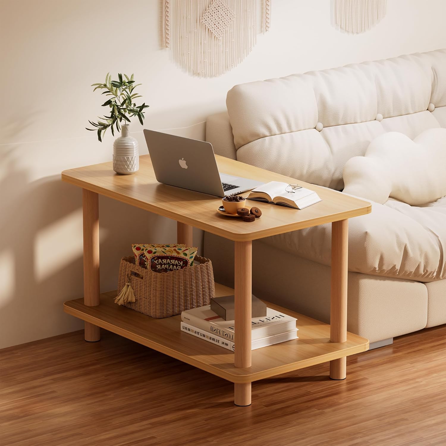 2 Tier Coffee Table Low Table with Solid Wood Legs, Japanese Coffee Table for living Room, Side Table Sofa Table, Floor Table Desk for Sitting on The Floor, Storage Shelf Furniture for Office, Natural