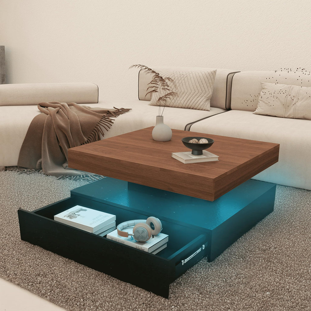 FKWin Black Modern Coffee Tables - Endless Depth Mirror Square Coffee Table with LED Lights, Black Table for Living Room, Tempered Glass-Top Center Tables, 31"