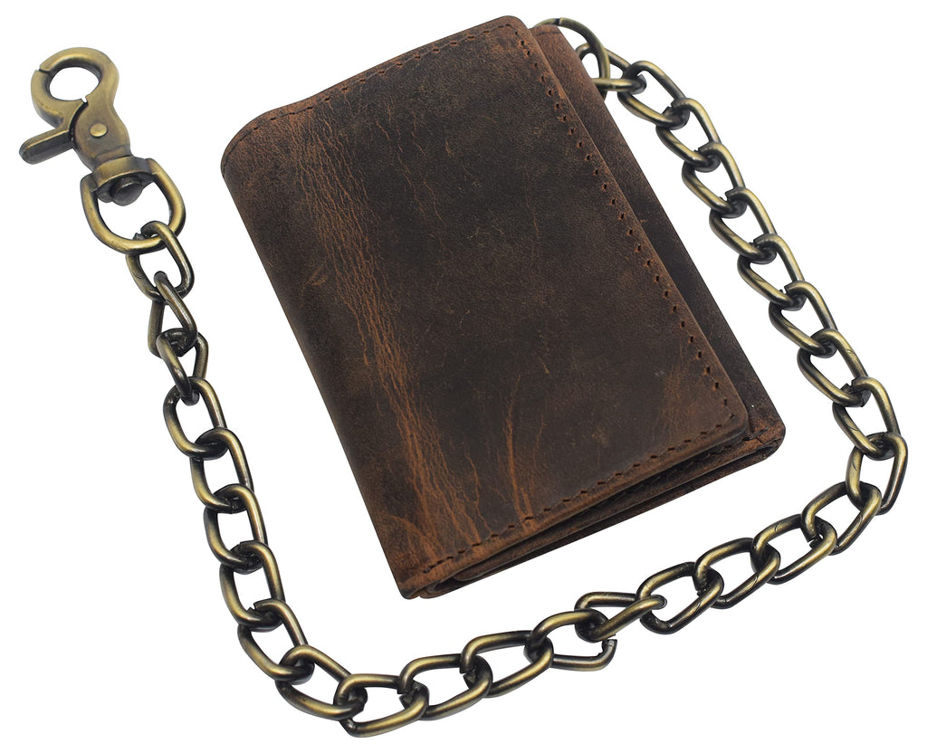 Portefeuille à chaîne pour motard en cuir vintage trifold avec blocage RFID pour homme CAZORO avec fermeture à pression (Marron)
