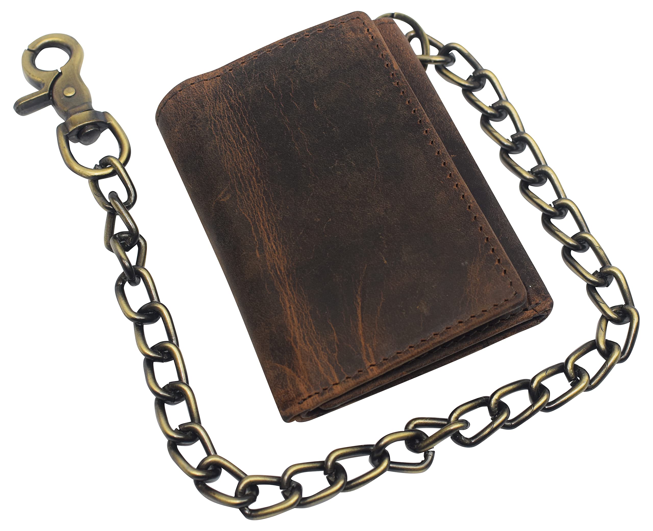 Portefeuille à chaîne pour motard en cuir vintage trifold avec blocage RFID pour homme CAZORO avec fermeture à pression (Marron)
