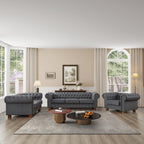 Chesterfield Leather Sofa, 89" Mid Century Modern Couch with Low Back, Roll Arm Nailhead Trim Classic 3 Seater Couch for Living Room, Office, Apartment, PU Black