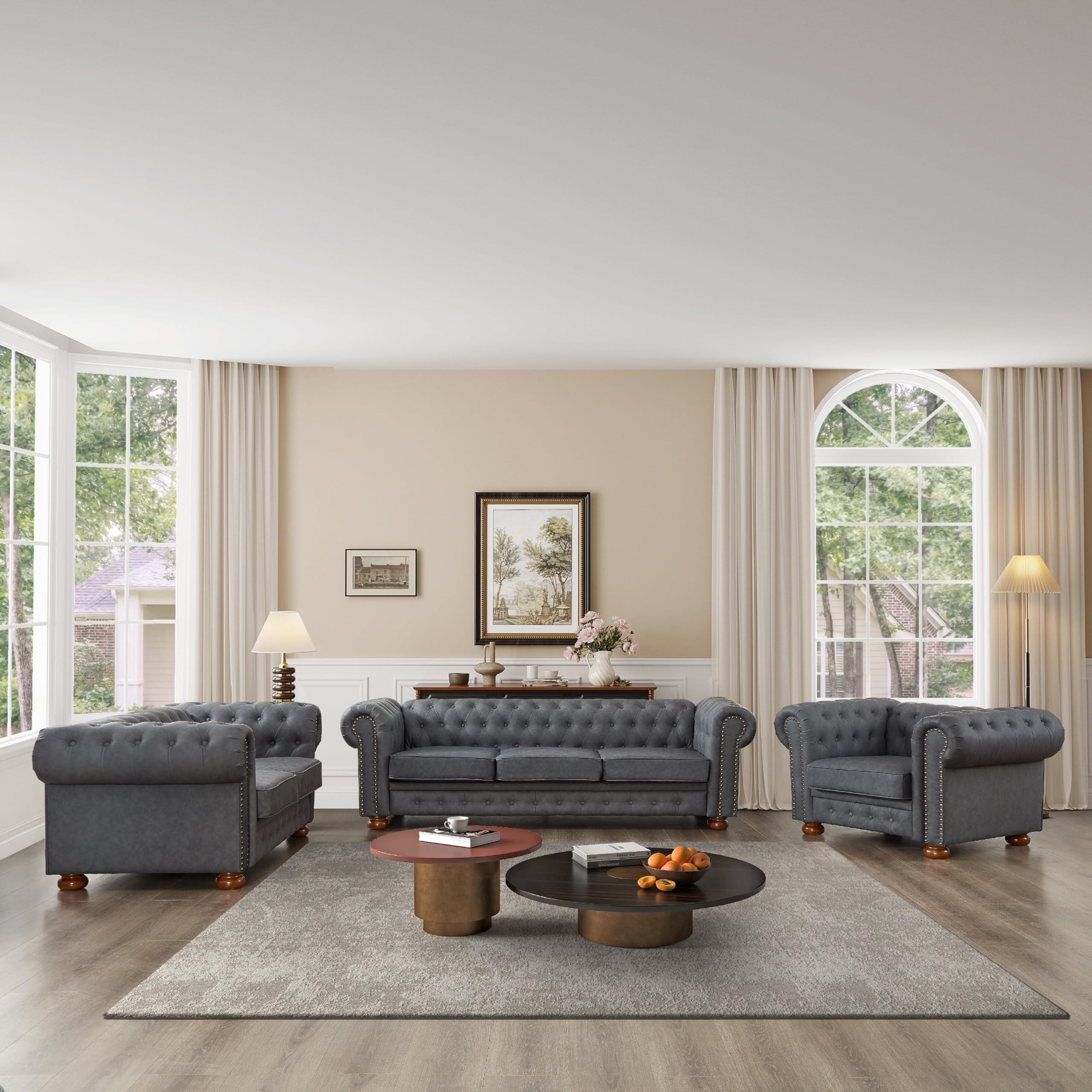 Chesterfield Leather Sofa, 89" Mid Century Modern Couch with Low Back, Roll Arm Nailhead Trim Classic 3 Seater Couch for Living Room, Office, Apartment, PU Black