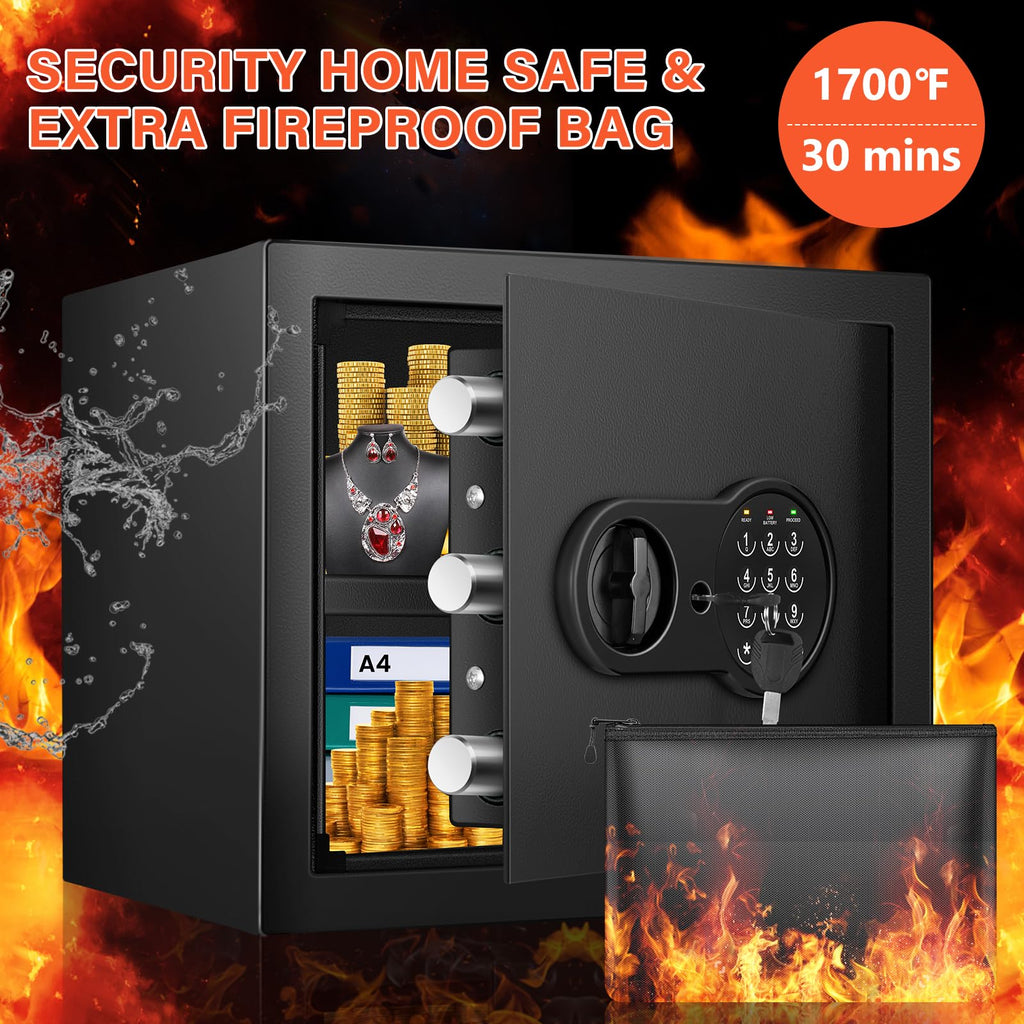 1.6 Cu Ft Home Safe Fireproof Waterproof, Fireproof Safe with Fireproof Document Bag, Programmable Keypad & Removable Shelf, Digital Home Security Safe Box for Money Firearm Medicines Valuables