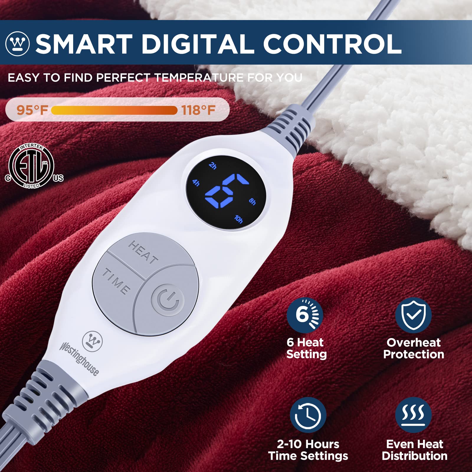 Westinghouse Heated Throw Blanket, Electric Blanket Throw with 6 Heating Levels and 2-10 Hours Time Settings, Flannel to Sherpa Super Cozy Heated Blanket Machine Washable, 50x60 inch, Charcoal