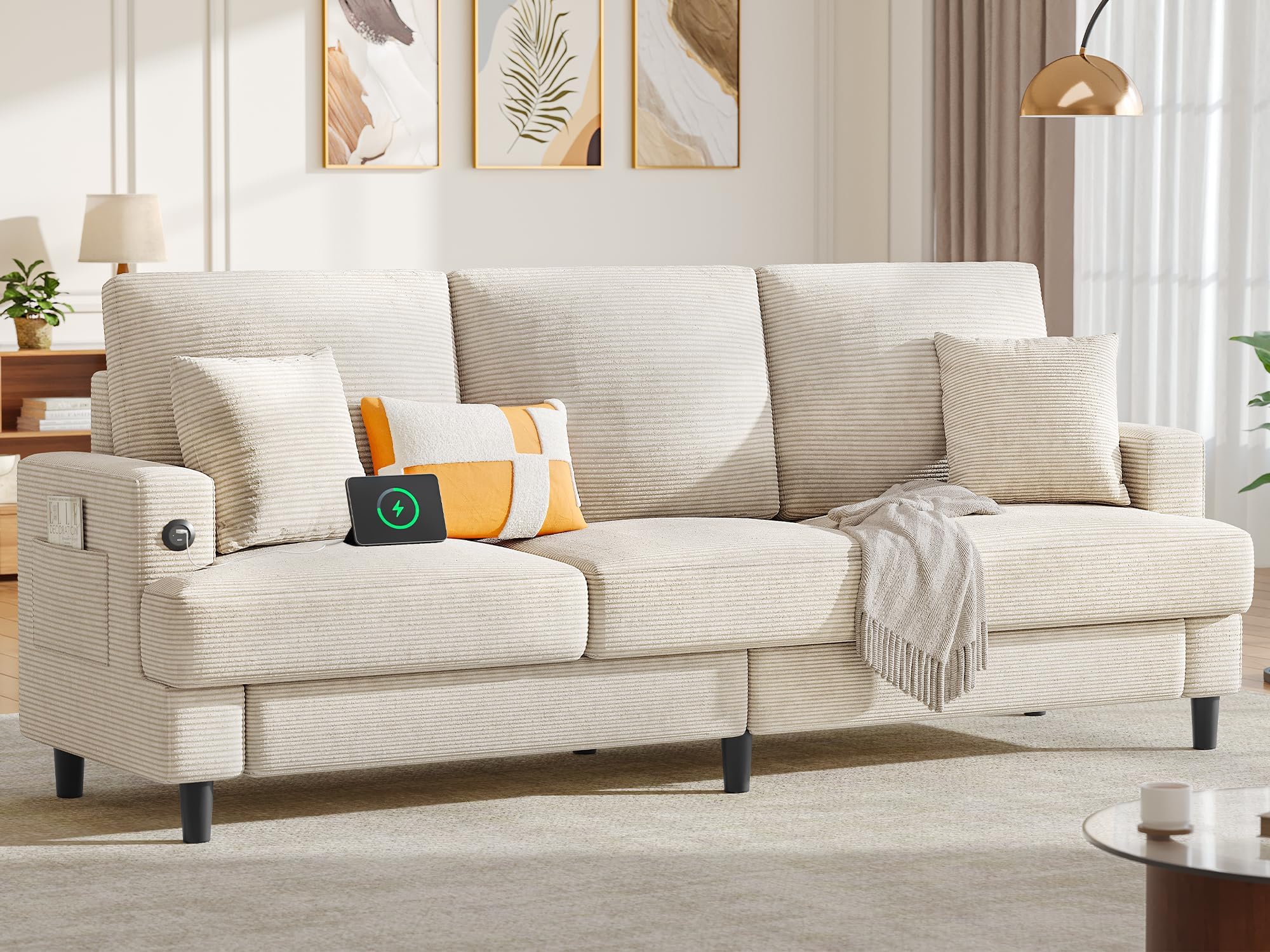 YITAHOME Sectional Sofa with Ottoman, L Shaped Couch Velvet Comfy Modern Sofa 3 Seater Cloud Couch with USB & Type-C Ports for Living Room Apartment, Beige