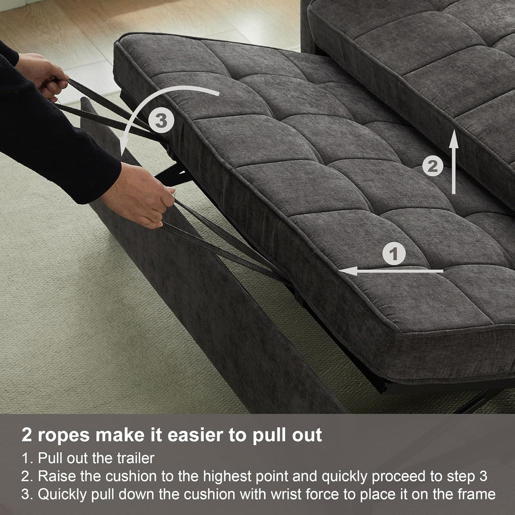 Tbfit 57" Convertible Sofa Bed, Chenille Futon Sleeper Sofa Couch with Pullout Bed, USB & Adjustable Backrest, Queen Size Pull Out Loveseat Couches for Living Room, Apartment, Office, Dorm, Dark Grey