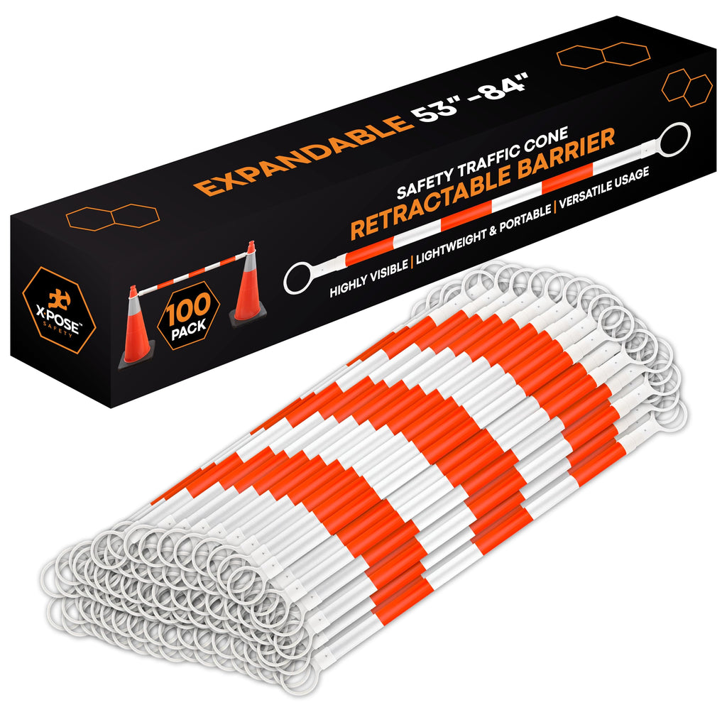 Retractable Barrier for Safety Traffic Cones - 2" OD - Large Yellow and Black Bar Barricade - for Road Construction, Parking, Warning, Temporary Security Divider (40, Orange & White, 72" x 120")