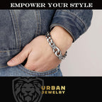 Urban Jewelry Men’s Stainless Steel Link Bracelet – 9-Inch Heavy 0.5” Wide Chain – Silver/Black or Gold/Black – Chain Option – Bold Design – Gift Box Included