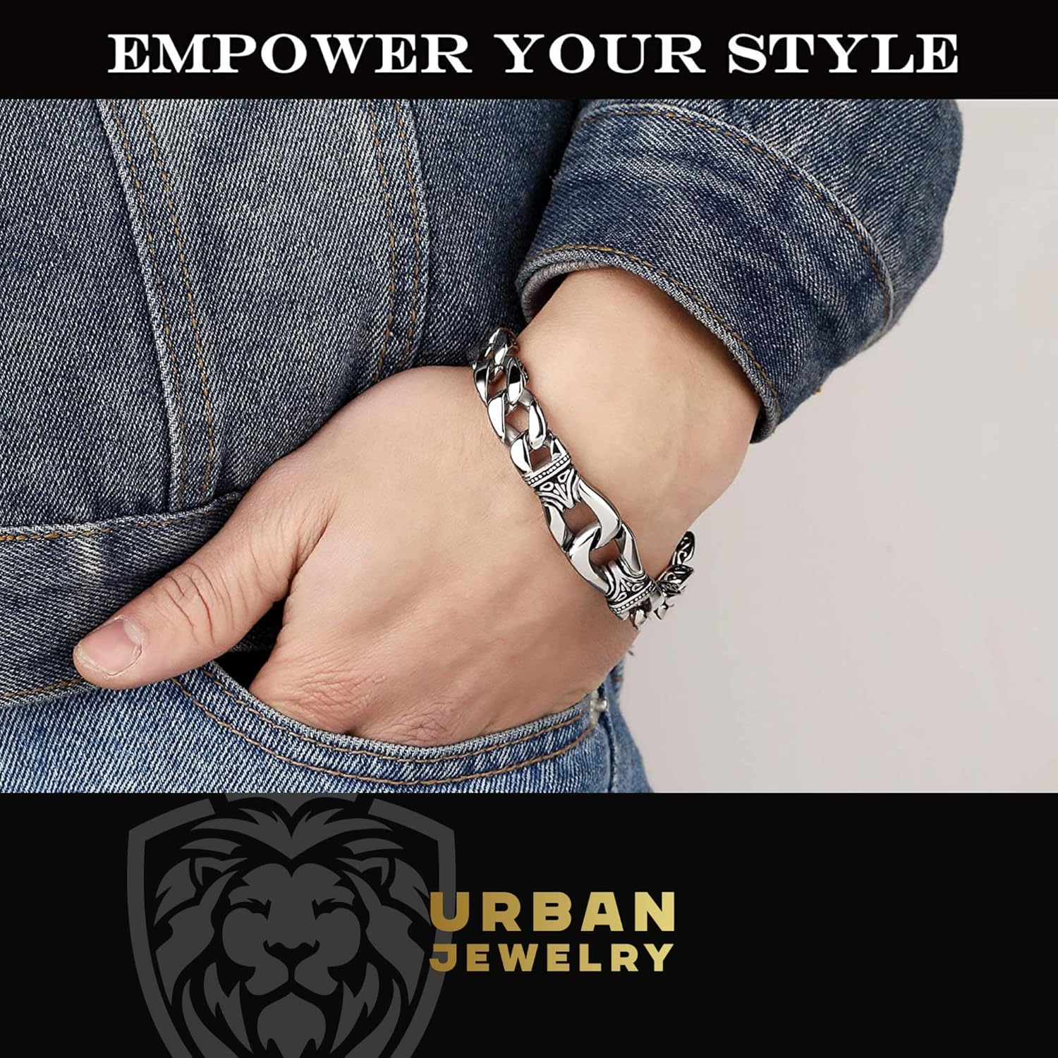Urban Jewelry Men’s Stainless Steel Link Bracelet – 9-Inch Heavy 0.5” Wide Chain – Silver/Black or Gold/Black – Chain Option – Bold Design – Gift Box Included