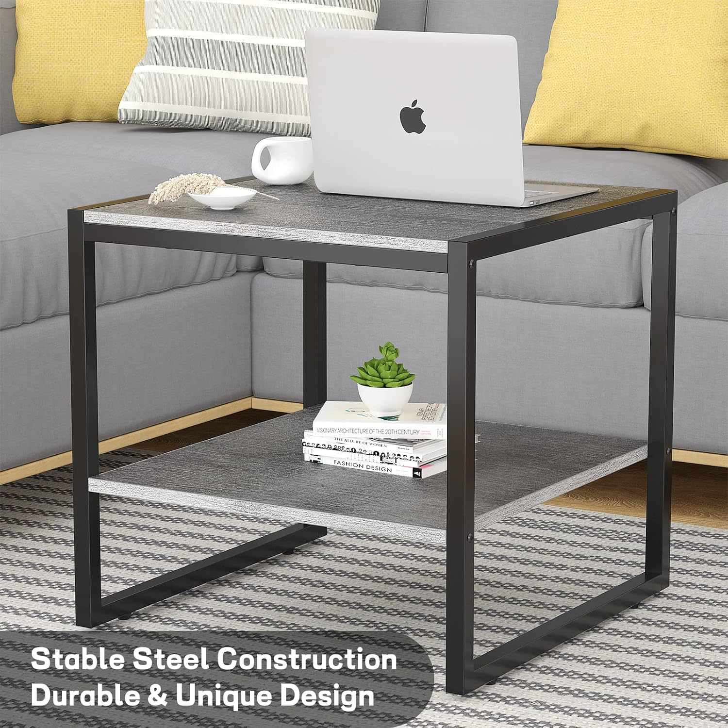 Homieasy End Table, 20 Inch Square Side Table Modern Night Stand with 2-Tier Storage Shelf, Living Room Small Coffee Table, Wood Finish Bedside Table for Bedroom, Light Oak