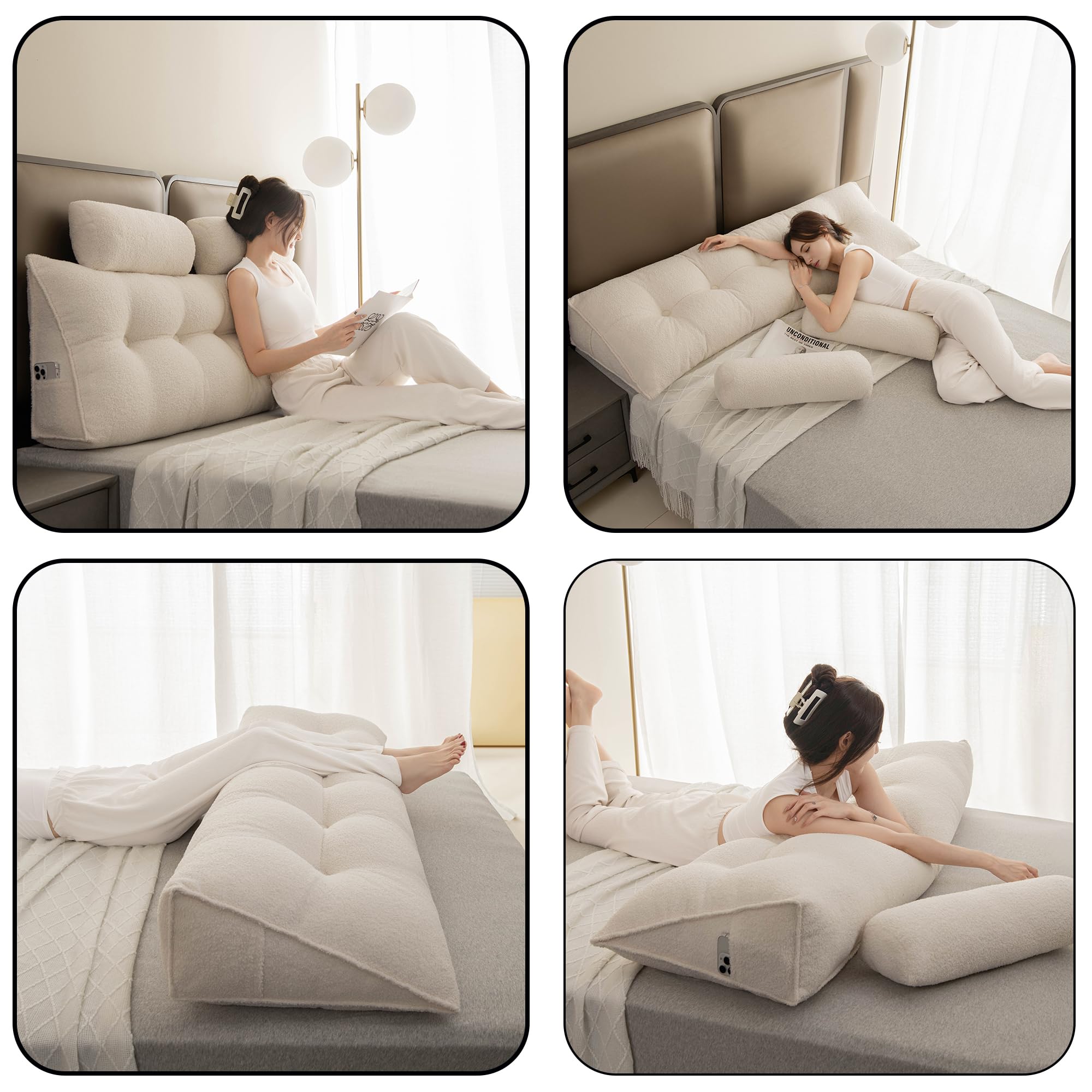 SRXBYWS Wedge Headboard Pillow King Size Headboard Pillow,Headboard Wedge Pillow with 2 Pack Neck Roll Pillow Large,Removable Cover,with Two Large Side Pockets,for Headboard Pillow/Dark Brown